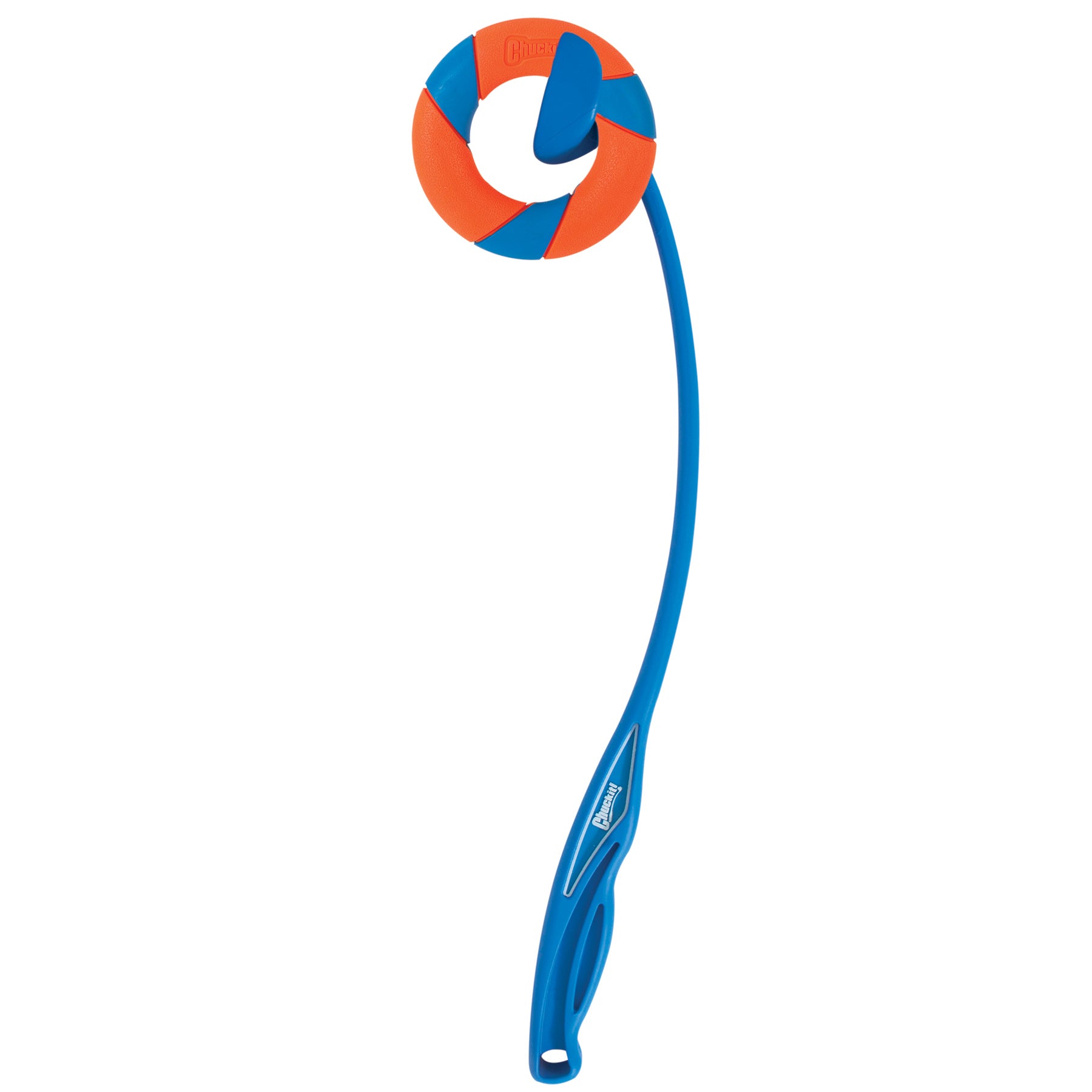 The Pet-mates Chuckit! RingChaser and Fetch Toy Set includes a blue plastic launcher with a curved grip handle and an orange and blue rubber ball, ensuring effortless, fun fetch sessions.