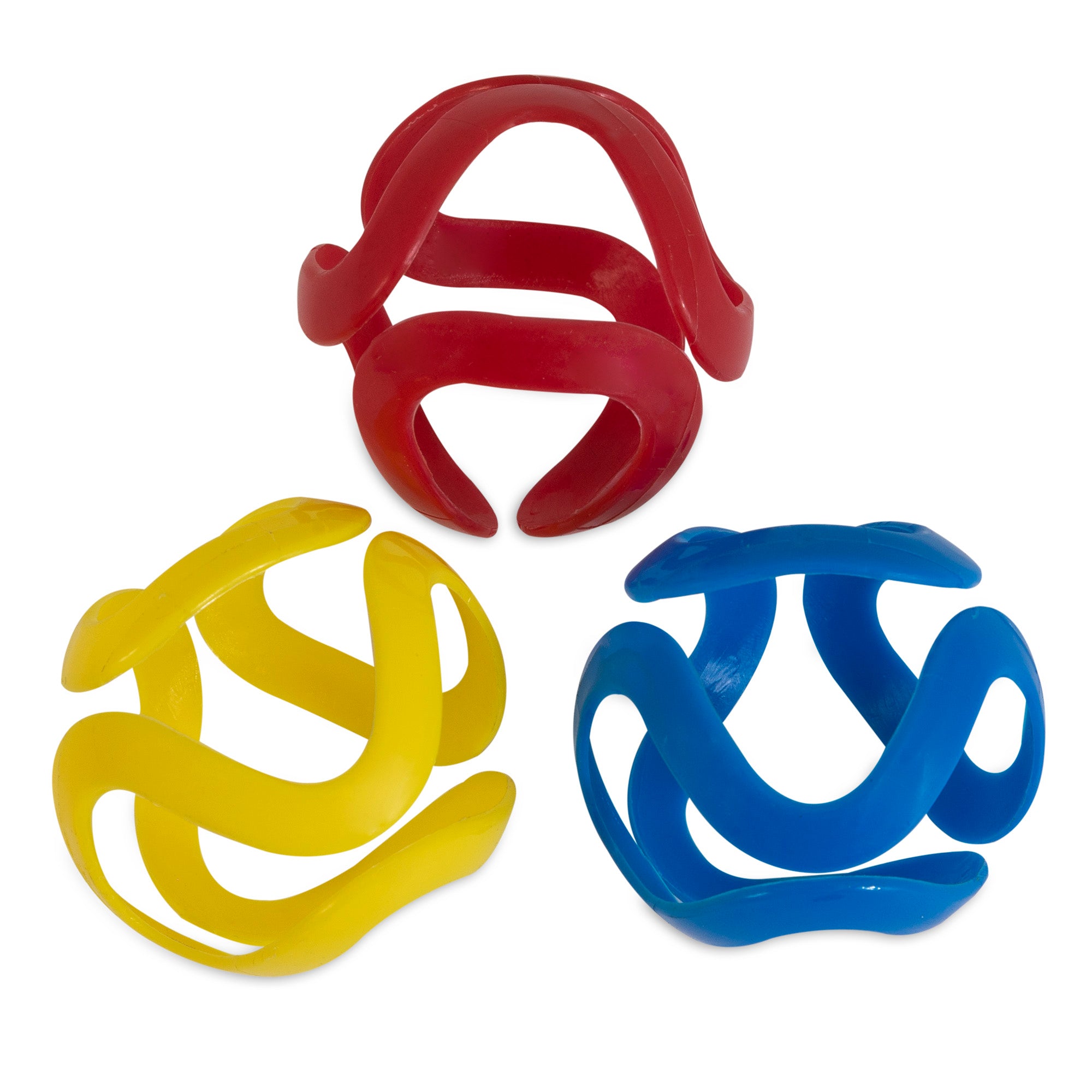 The JW Cat Crazies by Jw features three colorful interlocking sensory balls—red, yellow, and blue—crafted from durable plastic with wave-like open structures. Their lightweight design ensures easy gripping and makes them perfect cat toys for endless tactile play.