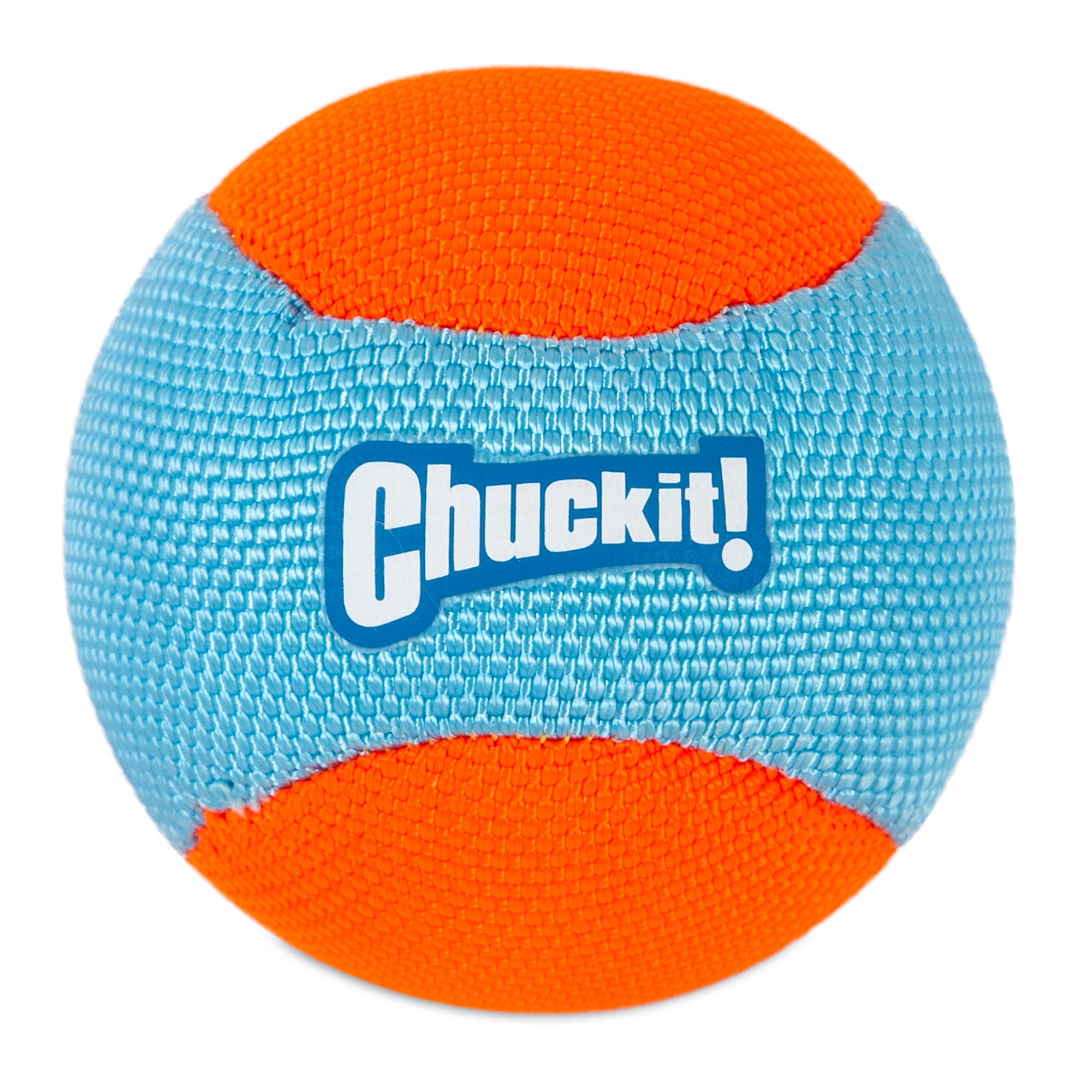 A spherical Chuckit! toy combines bright orange and blue segments made from durable material. Blue areas are textured featuring the Chuckit brand name in white letters, perfect for a Chuckit! Amphibious Fetch Pack adventure.