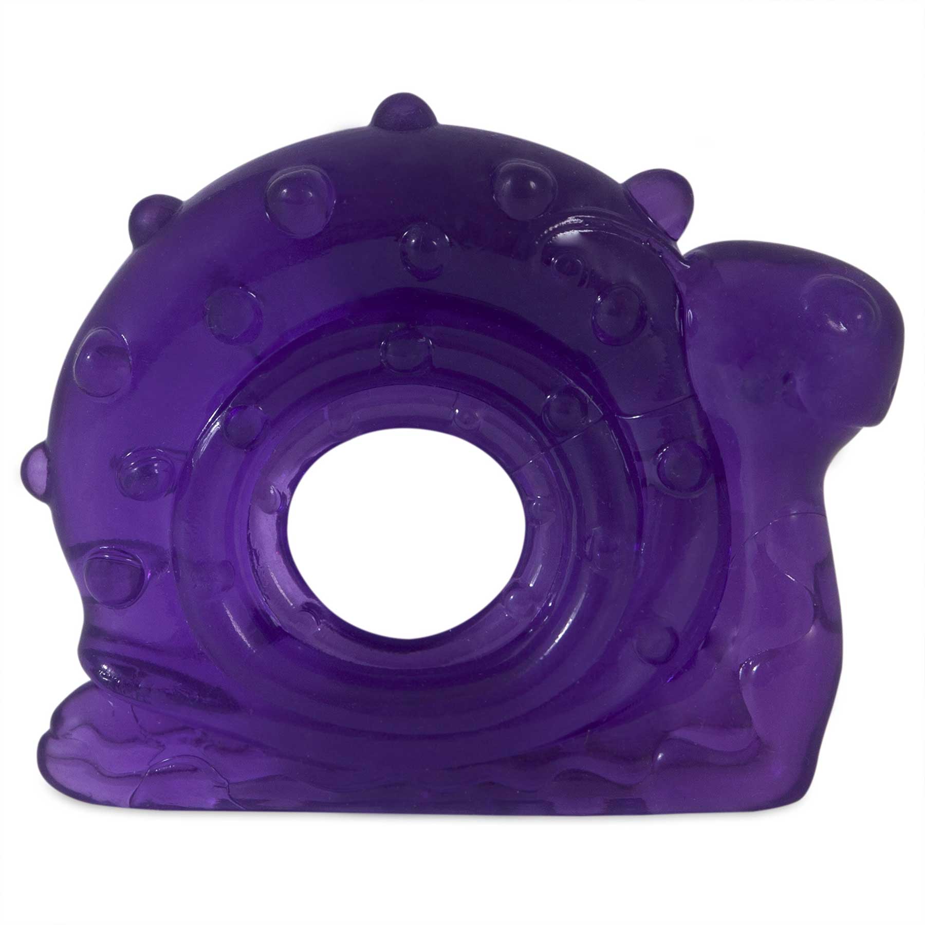 Meet the JW Snail Teether Puppy Toy by Jw: a translucent, purple, snail-shaped teether with a circular hole and small raised bumps on its shell. Its as attractive as it is functional for teething puppies.