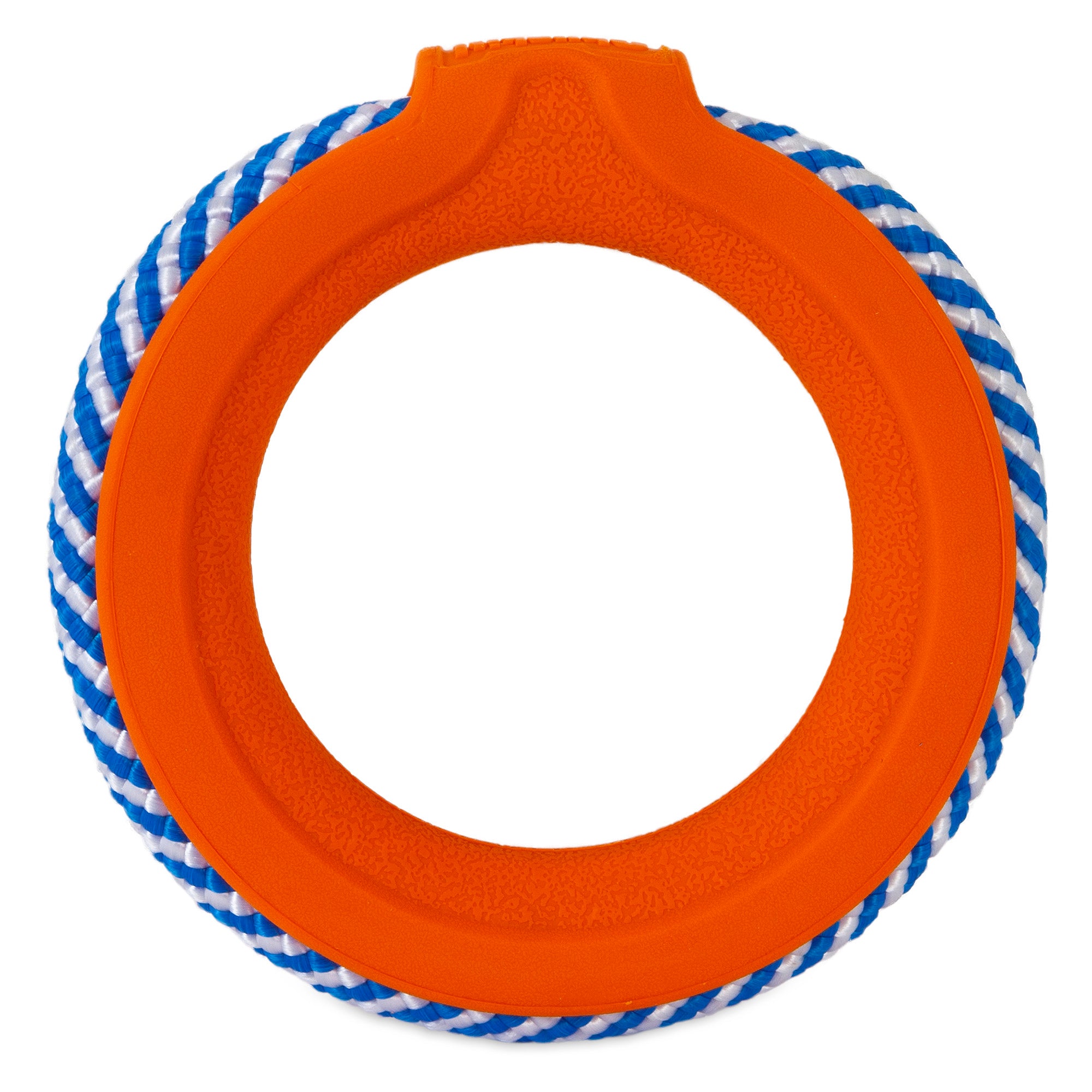 The Chuckit! FetchTug 2-in-1 Dog Toy Ring, by Chuckit, features a vibrant orange center with a blue and white rope tug on the outer edge, ideal for interactive play.