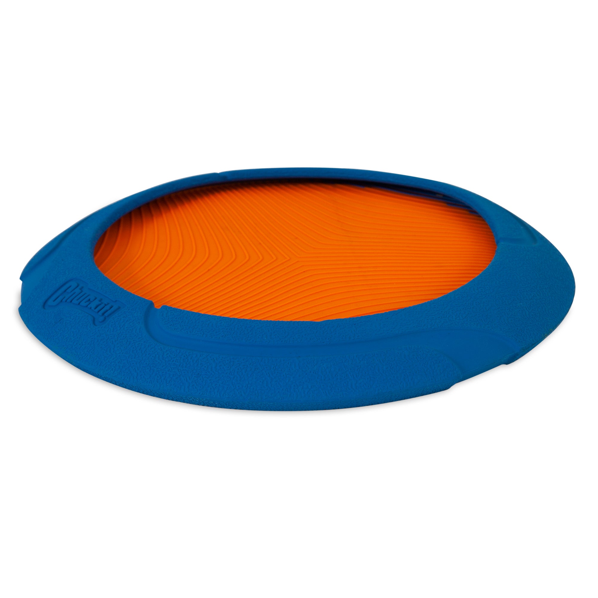 The Chuckit! Ultra Flight fetch toy for dogs features a blue and orange rubber frisbee with a durable edge. Its textured surface and raised rim display the Chuckit brand name, all set against a pristine white background.