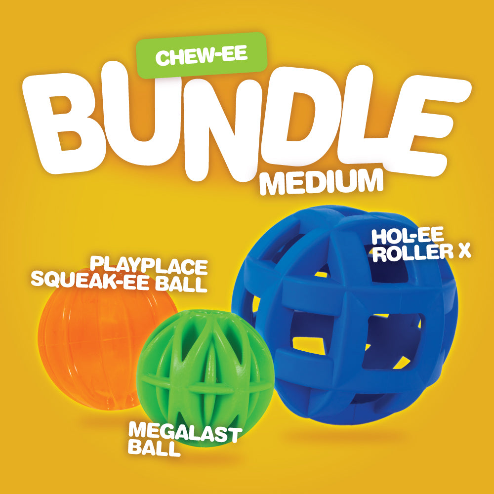 A promotional image for the JW Chew-ee Dog Toy Trio by JW, showcasing three durable toys: an orange Playplace Squeak-ee Ball, a green Megalast Ball, and a blue Hol-ee Roller X, all set against a vibrant yellow background.