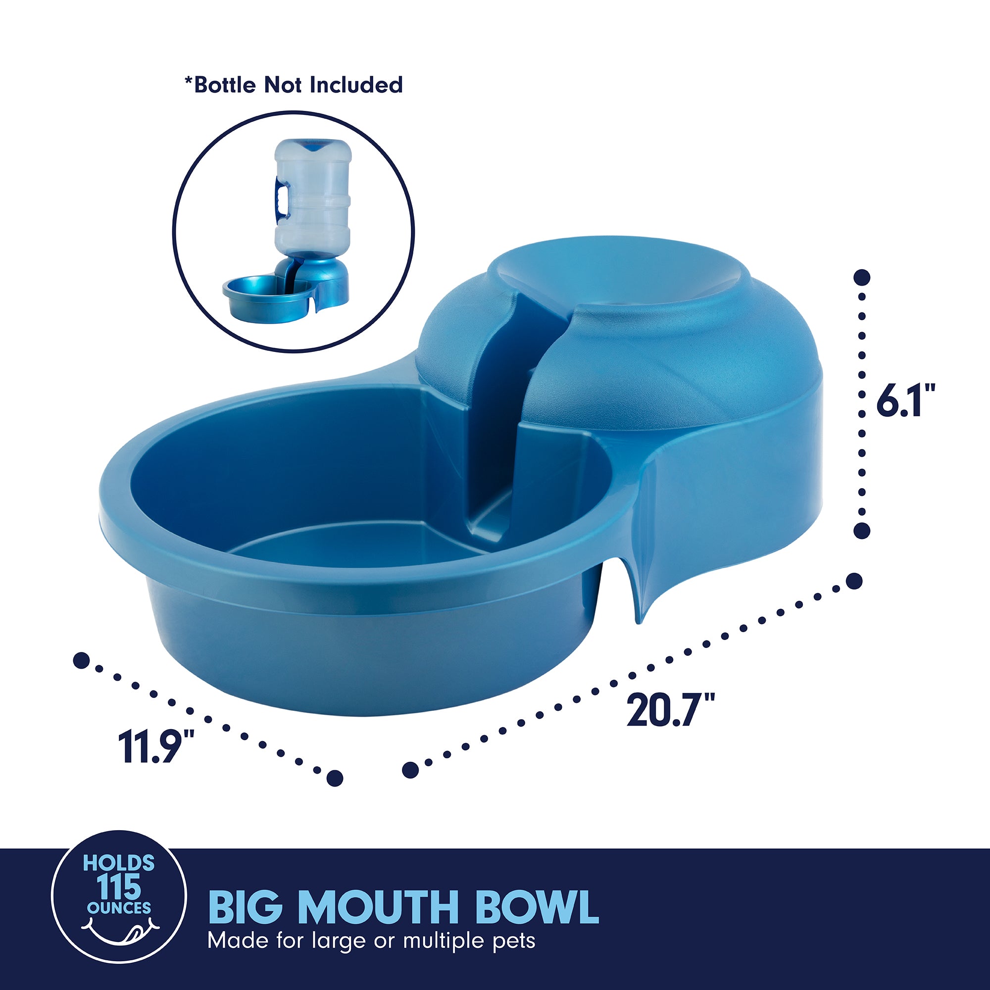 Discover the Pet-mates Big Blue Bowl by Pet-mates, perfect for outdoor pet hydration. Measuring 20.7 L x 11.9 W x 6.1 H, it holds up to 115 oz., ideal for large or multiple pets, and includes a bottle slot (bottle not included).