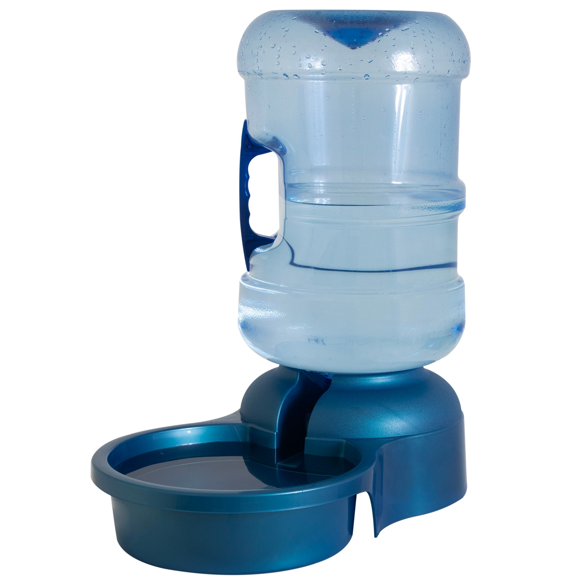The Pet-mates Big Blue Bowl by Pet-mates is a blue plastic water dispenser for outdoor pets, featuring a large clear container and base that directs water into the bowl. It has a handy handle for easy carrying.