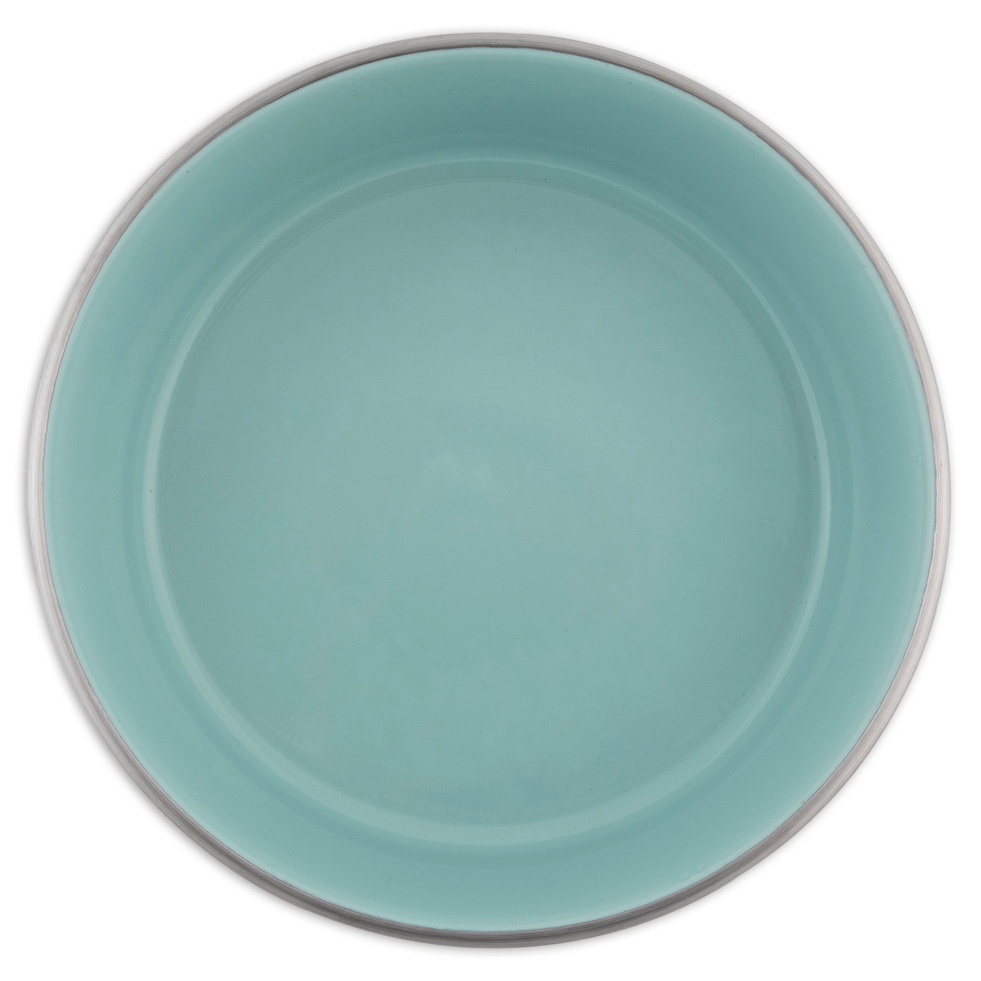 A turquoise round ceramic plate with a smooth surface and raised rim pairs elegantly with Pet-matess rust-resistant stainless steel bowls for a sophisticated table setting.