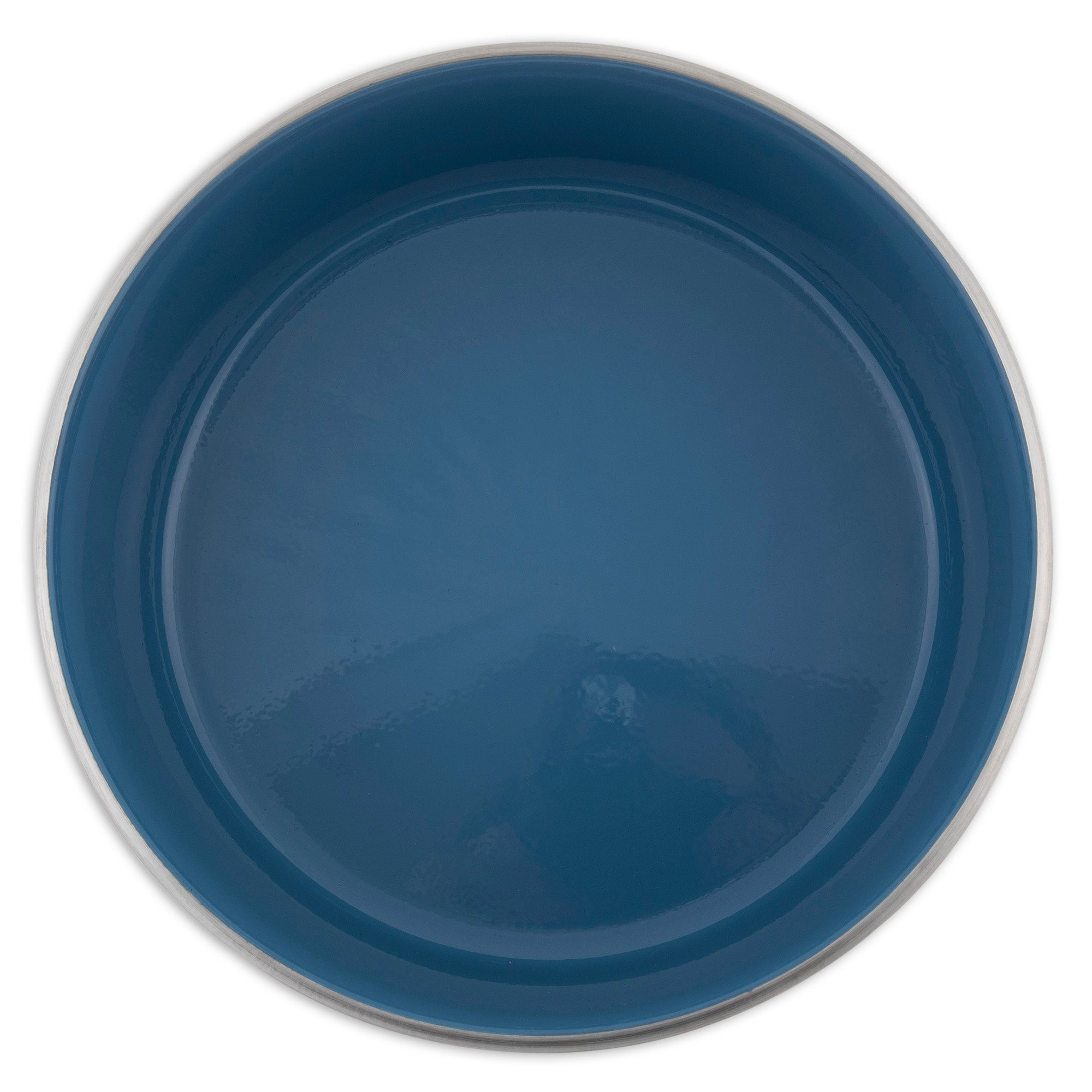 The Pet-mates Painted Stainless Steel Pet Bowl features a round, deep blue design with a smooth, glossy surface viewed from above against a white background, offering durability akin to rust-resistant materials.