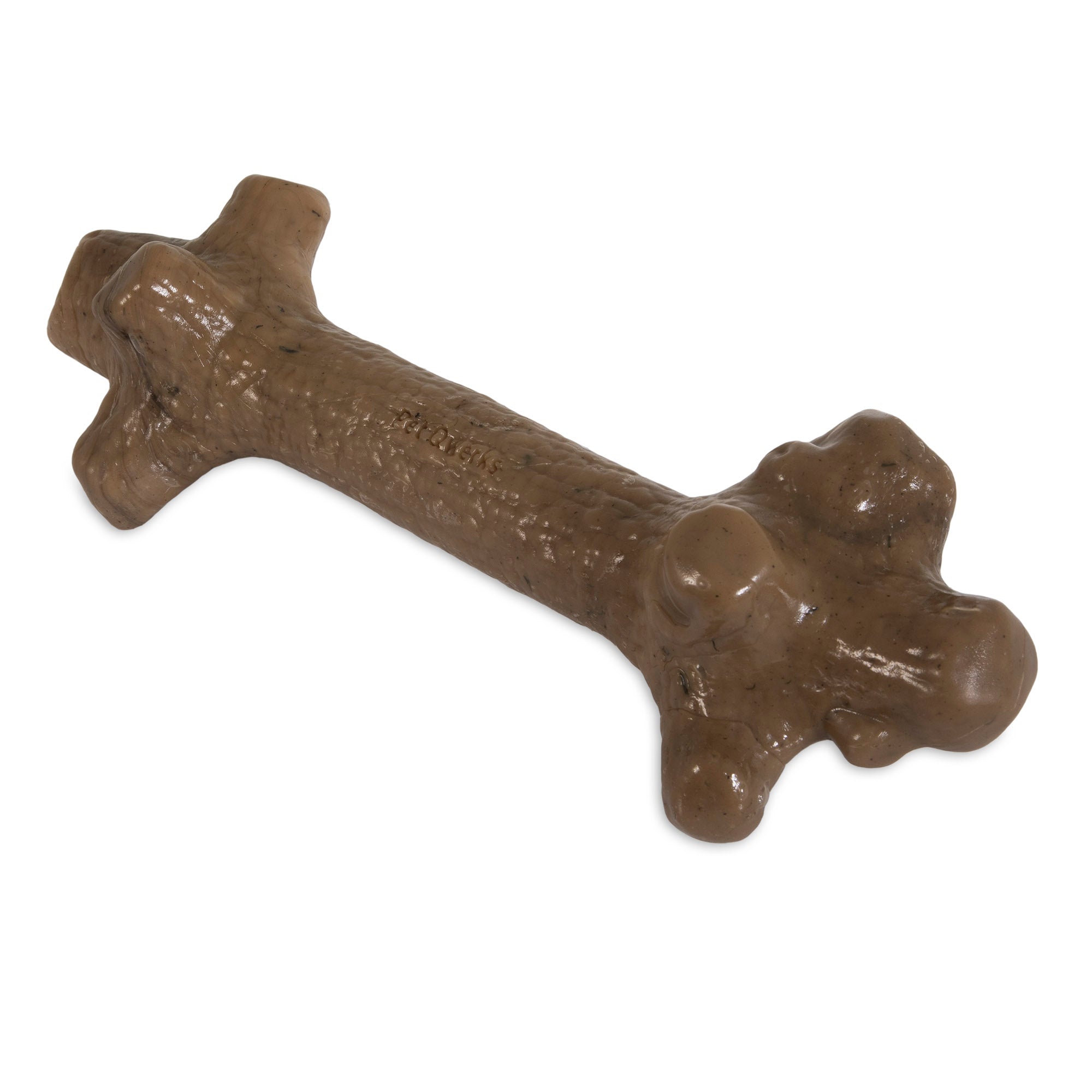The BarkBone Natural Instincts Stick, a peanut butter-infused nylon dog chew by Barkbone Natural Instincts, lies on a white background. Perfect for aggressive chewers, its textured stick design entices dogs for satisfying chews with rounded ends that mimic real bones.