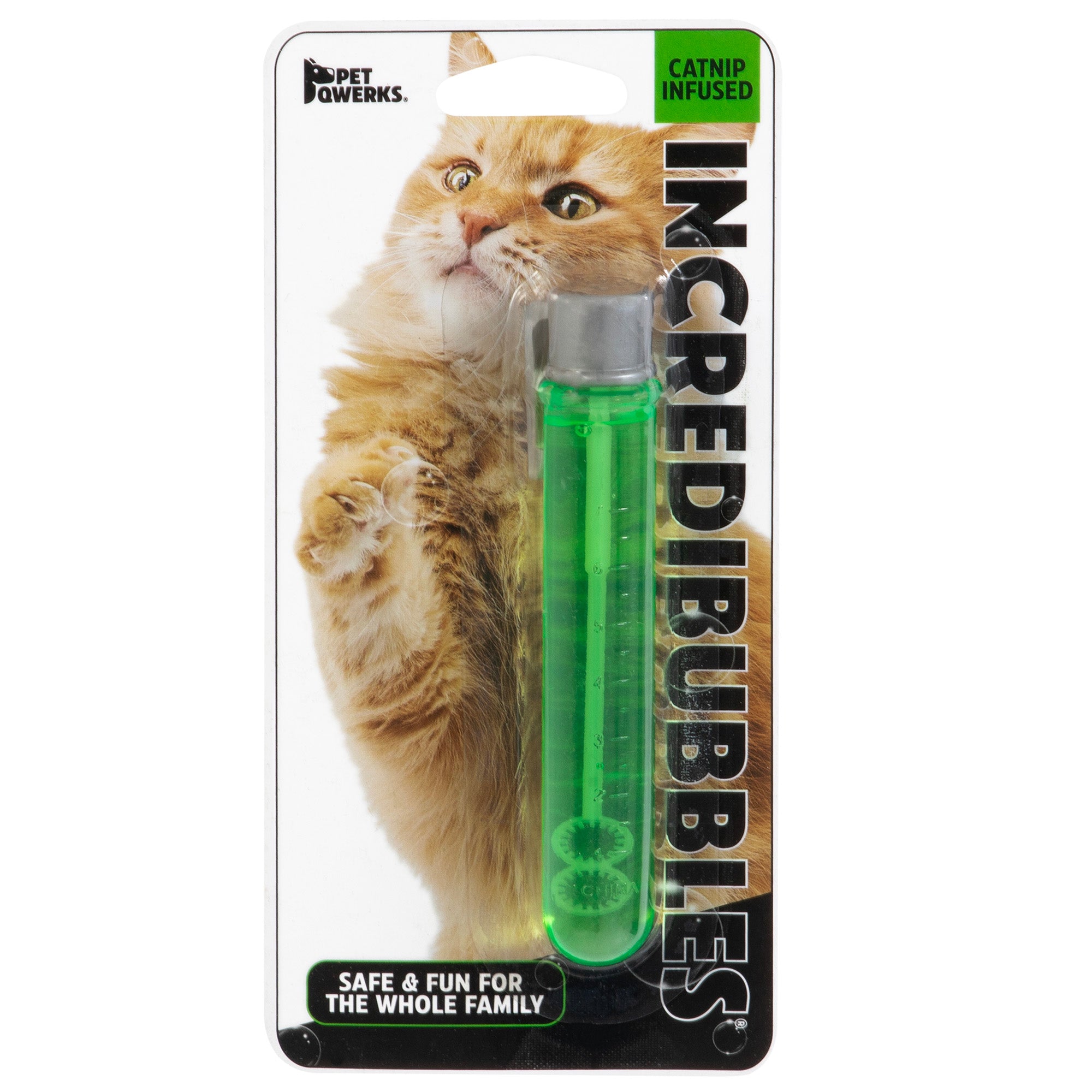 The Petqwerks Catnip IncrediBubbles for Cats packaging features a curious ginger cat. This bubble solution in a clear tube promises Safe & Fun for the Whole Family, offering endless entertainment for your feline friend!.