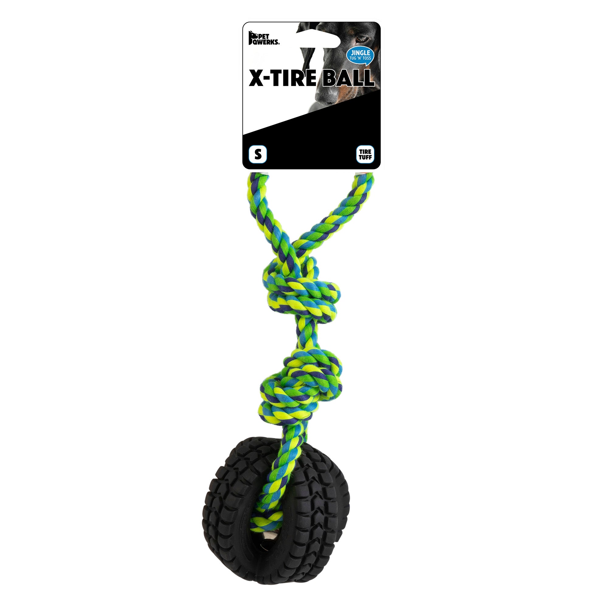 Introducing the Pet Qwerks Jingle Ball X-Tire Tug N Toss Dog Toy from Petqwerks: a strong black rubber tire with a vibrant blue and yellow braided rope, labeled X-Tire Ball on its packaging, to make playtime irresistible for your pet.