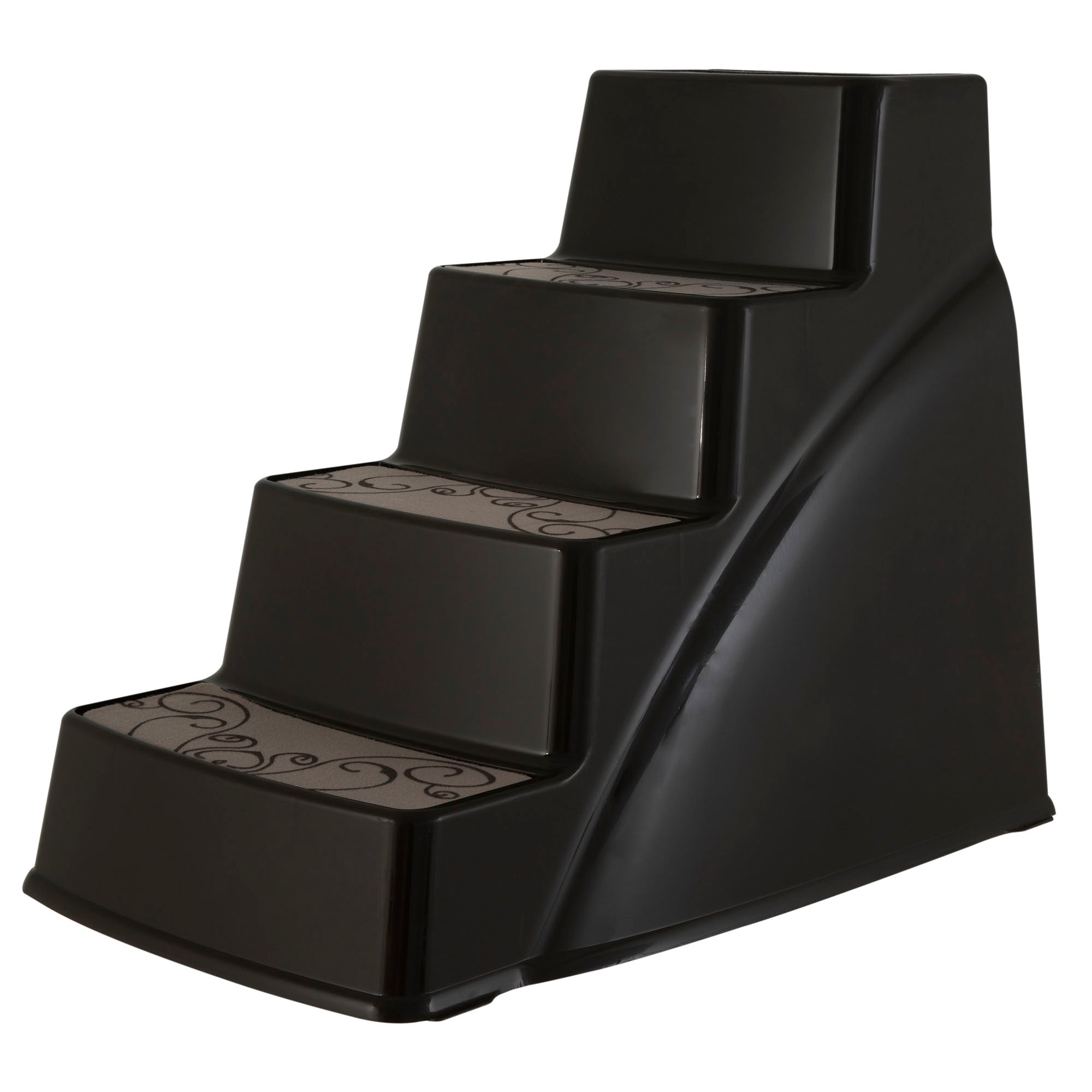 The Pet-mates Pet Steps by Pet-mates is a lightweight, black four-step plastic ladder with non-slip patterned treads and curved sides. This sleek design is ideal for pets or small children, combining safety with modern style.