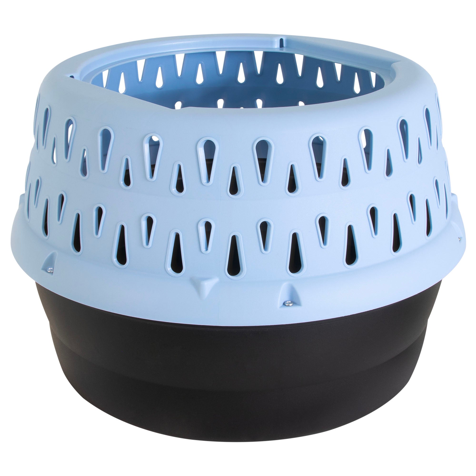 The Pet-mates Get-A-Round E-Z Load Kennel For Cats provides a secure, comfy space with a round plastic design, black base, and light blue ventilated top featuring triangular cutouts attached with screws.