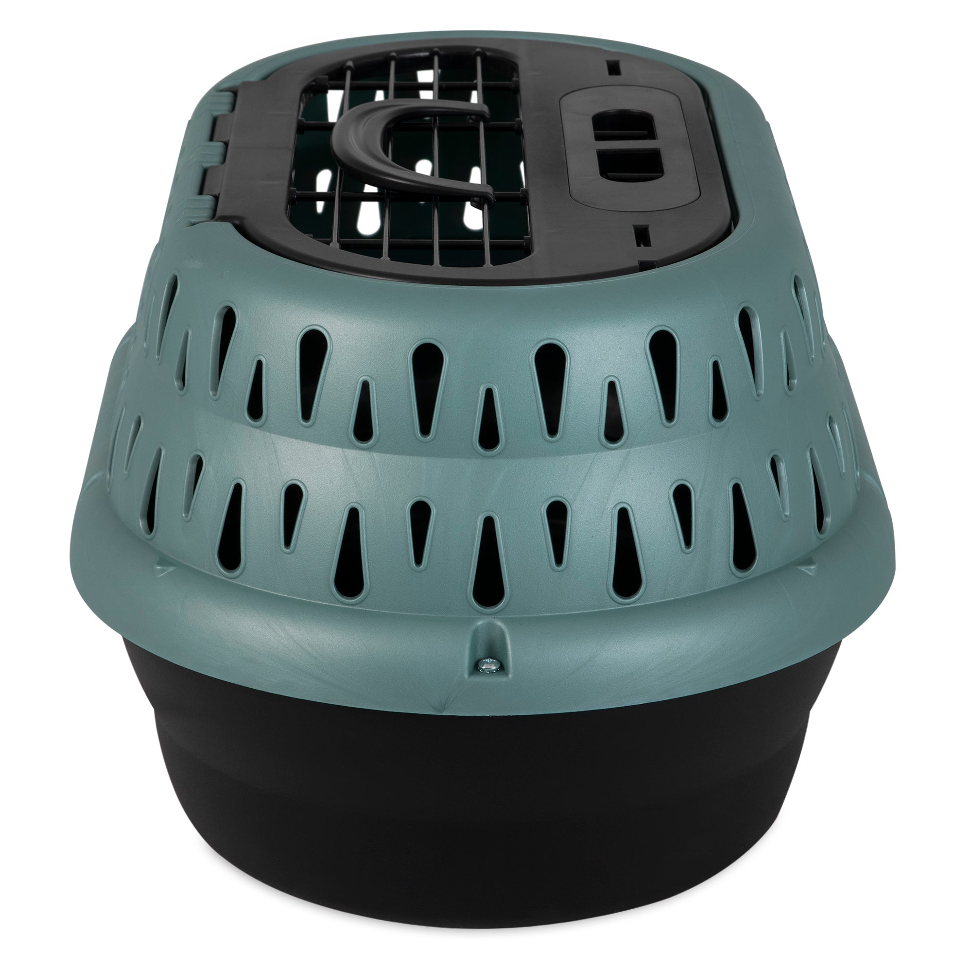 The Pet-mates E-Z Load Top Load Cat Kennel by Pet-mates features green and black colors, a secure grated door, and 360-degree ventilation, offering easy access and optimal airflow—perfect for reducing travel stress for cats.