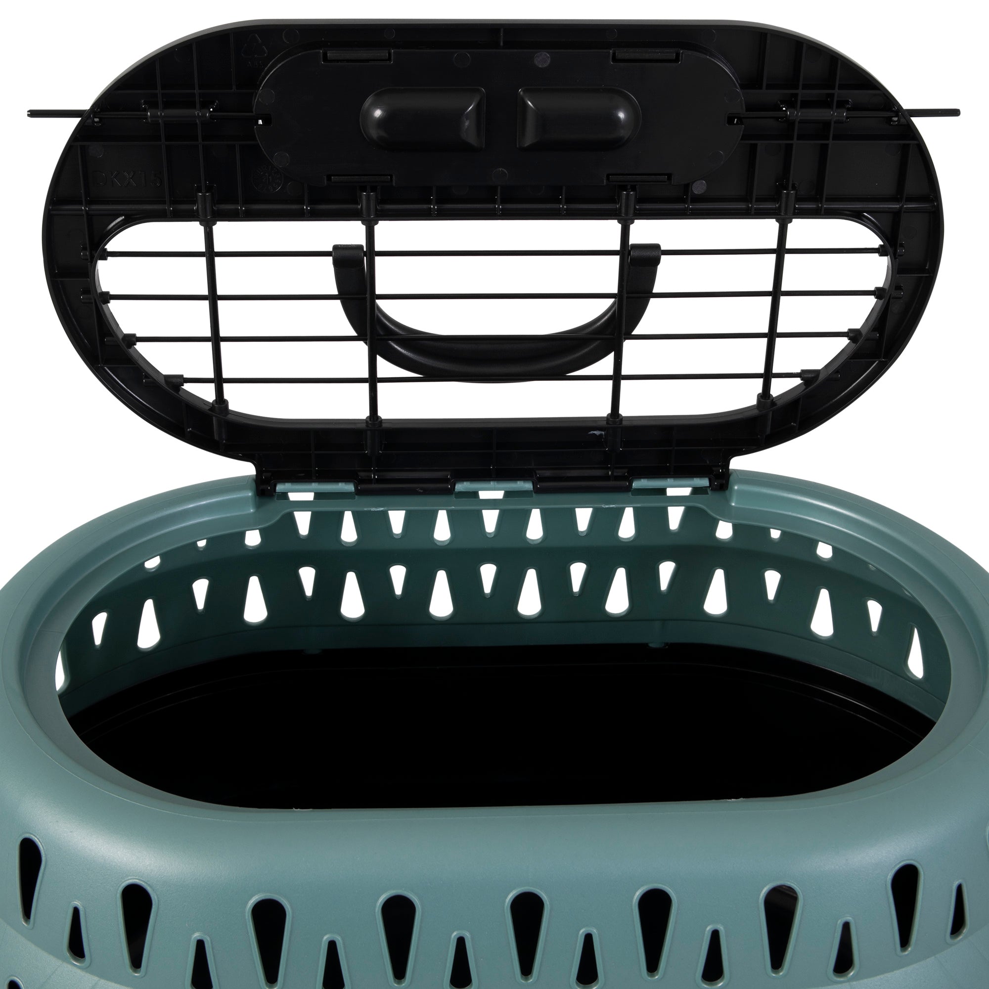 The Pet-mates E-Z Load Top Load Cat Kennel by Pet-mates features a grated open-top lid, handle, and triangular vents for 360° ventilation—ideal for travel comfort and stress relief for your cat. Teal and black design.