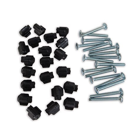 A set of black plastic anchors and silver 1.75 Pet-mates Tri Wing Kennel Screws, ideal for replacing hardware in Pet-mates kennels, are displayed on a white background with anchors on the left and screws neatly arranged on the right.