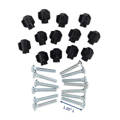 The image displays the Tri Wing 1.25 Hardware For Kennels by Pet-mates, featuring 14 black plastic screw caps and 14 silver flat-top screws ideal for kennels like the Pet-mates Sky Kennel. A blue measurement line confirms the screws are 1.25 inches long.