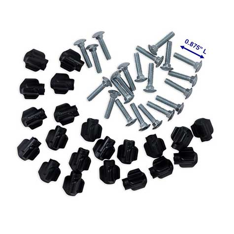 A set of black plastic hex nuts and silver screws, similar to Pet-matess Tri Wing 0.875 Hardware for Giant 48 Kennels, is organized on a white background.