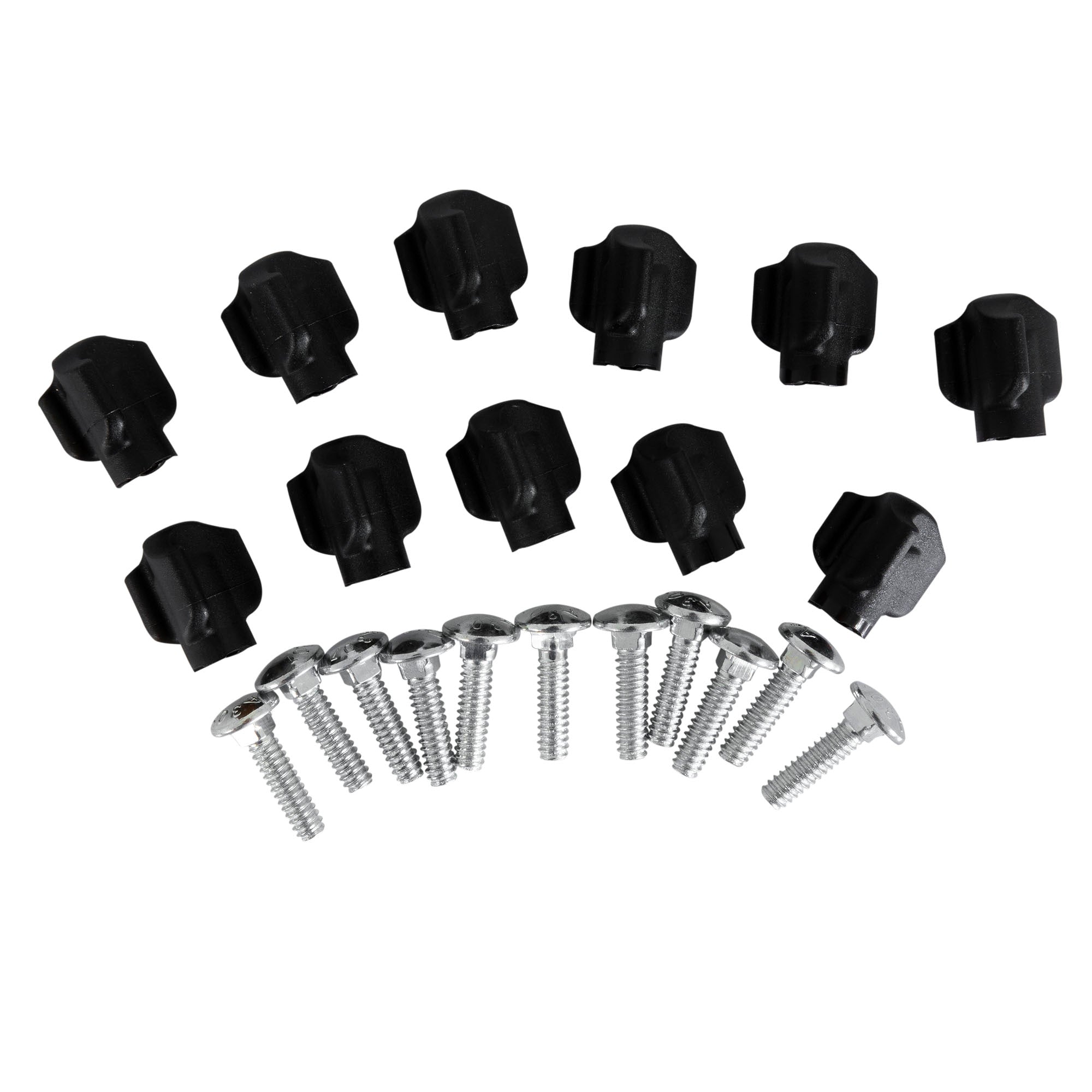 Twelve black ridged plastic knobs and sixteen flat round head silver screws, similar to those from Pet-matess Tri Wing 0.75 Hardware for Kennels, are displayed on a white background.