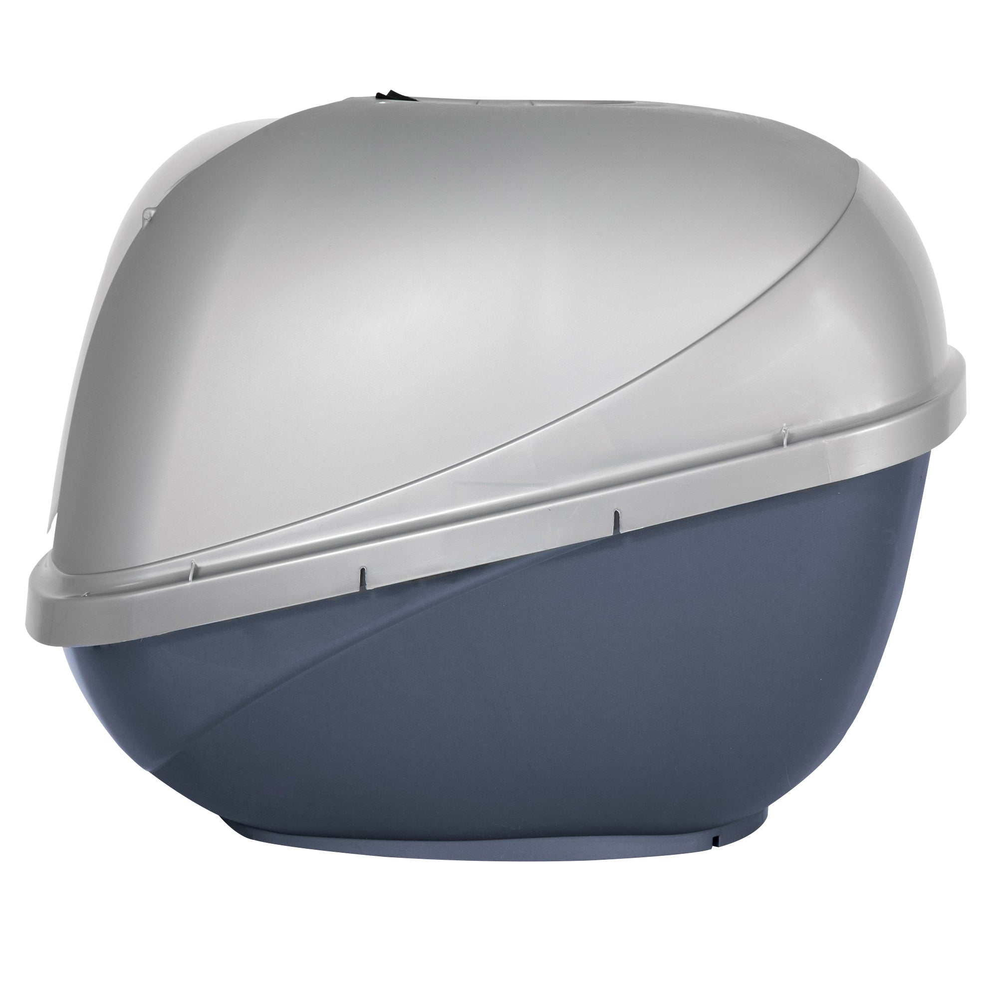 The Pet-mates Basic Hooded Cat Litter Pan features a sleek oval design with a grey bottom and light grey top. This modern litter pan includes an odor-absorbing filter and hinged top for easy cleaning, ensuring your space stays fresh. From the renowned brand Pet-mates.