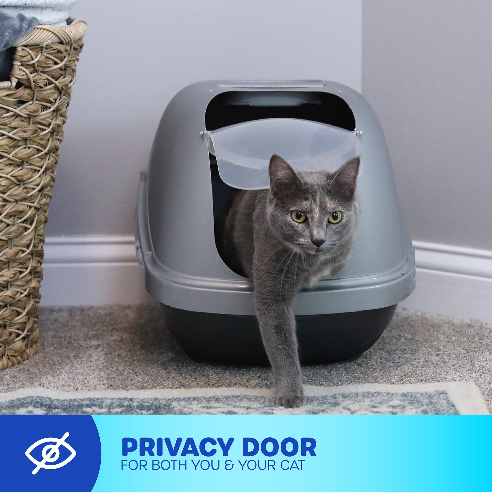 A gray cat exits a Pet-mates Basic Hooded Cat Litter Pan with a swinging door on a carpeted floor. A wicker basket is on the left. A blue banner at the bottom reads, PRIVACY DOOR FOR BOTH YOU & YOUR CAT, emphasizing easy cleaning and an odor-absorbing filter.