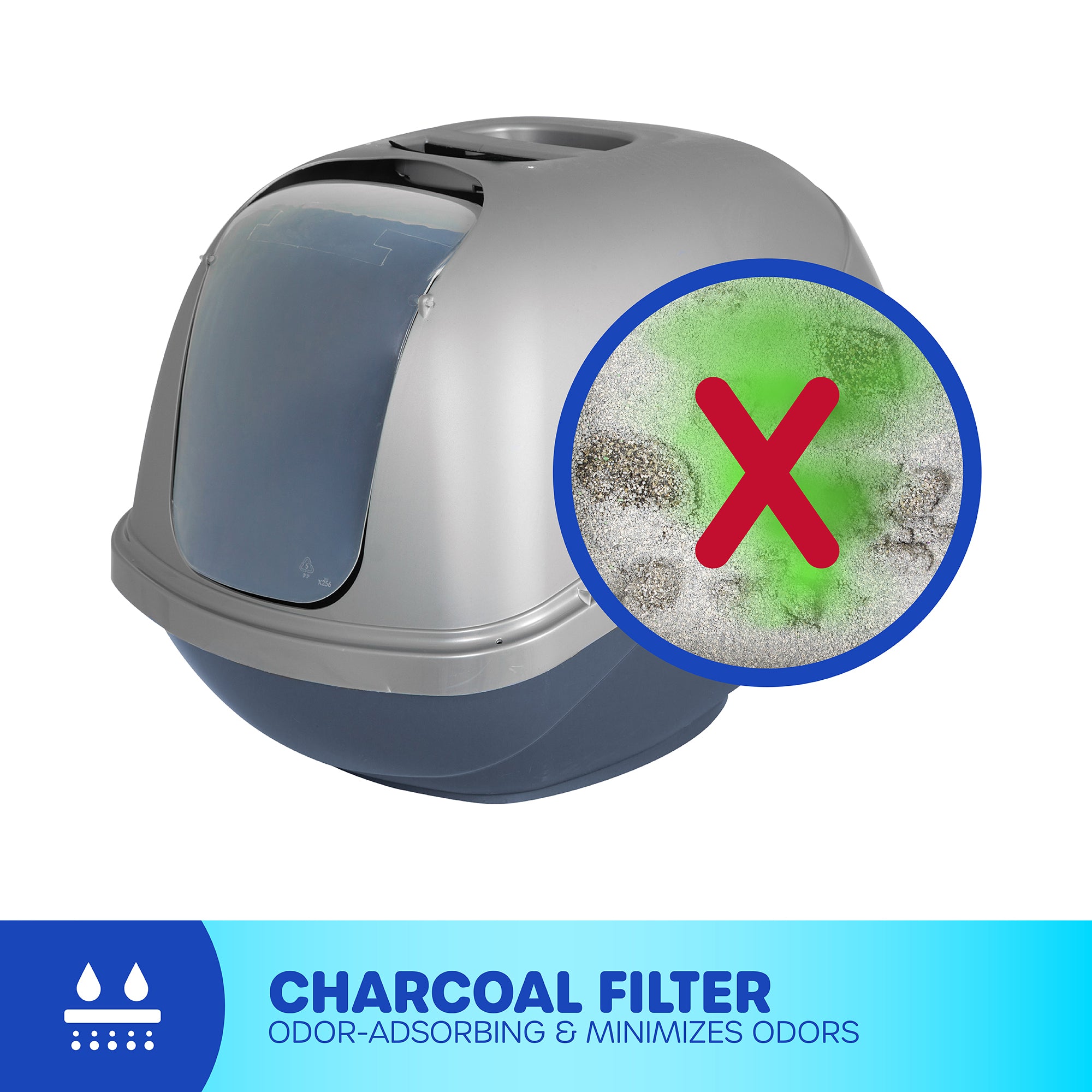 The Pet-mates Basic Hooded Cat Litter Pan by Pet-mates, in gray and dome-shaped, features an odor-absorbing charcoal filter. A nearby image displays a red-crossed green cloud symbolizing odor elimination. Below is a blue banner stating, Charcoal Filter: Odor-Absorbing & Minimizes Odors.