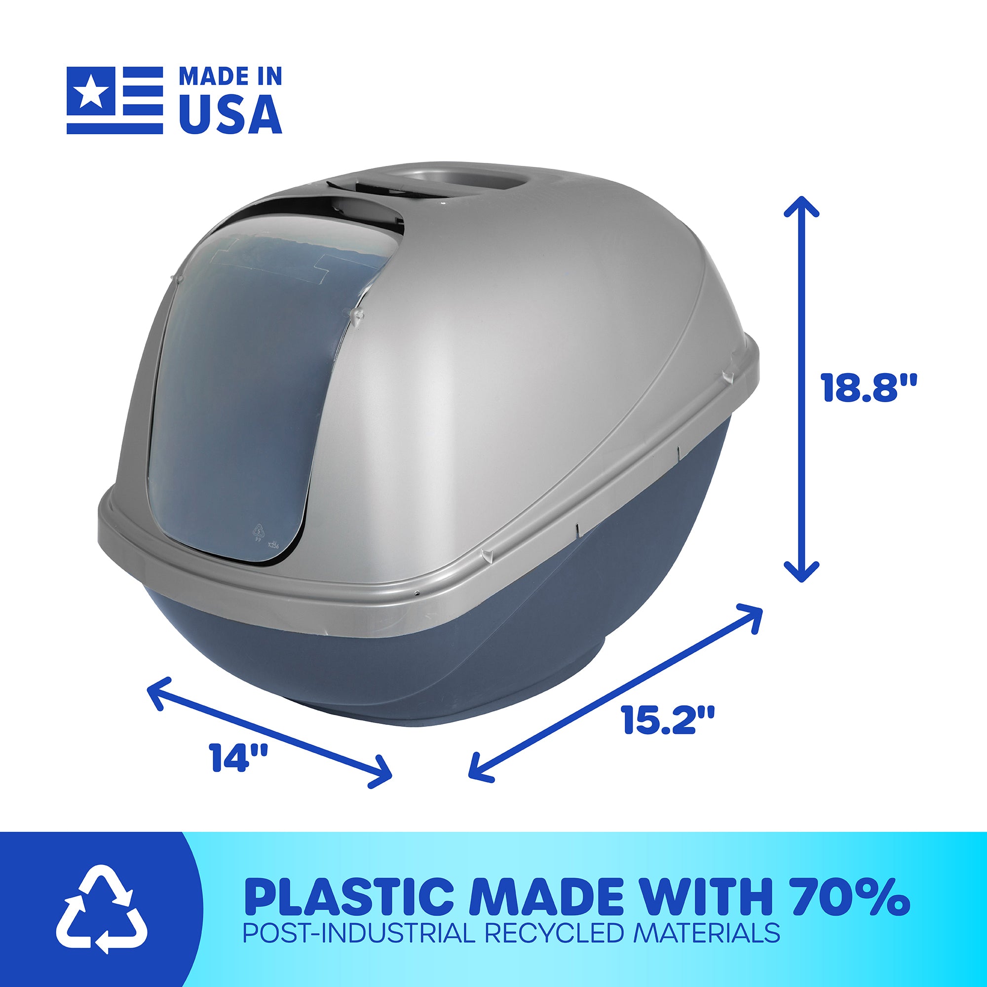The Pet-mates Basic Hooded Cat Litter Pan by Pet-mates is a gray and blue litter box with a dome lid for easy cleaning. Measuring 18.8 x 15.2 x 14, its made in the USA from 70% post-industrial recycled materials and includes an odor-absorbing filter to keep your space fresh.
