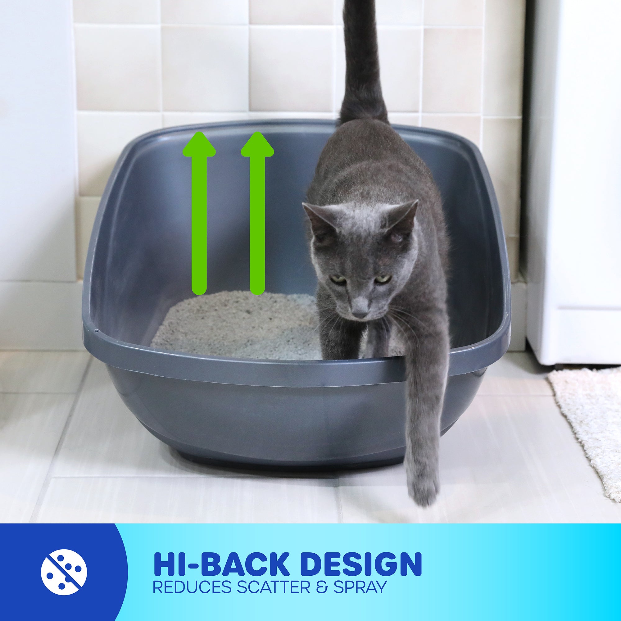 A gray cat steps out of the Pet-mates Hi-Back Open Litter Box on a tiled floor. Green arrows highlight its height, while a blue banner says, Hi-Back Design Reduces Scatter & Spray, emphasizing its non-stick plastic construction.