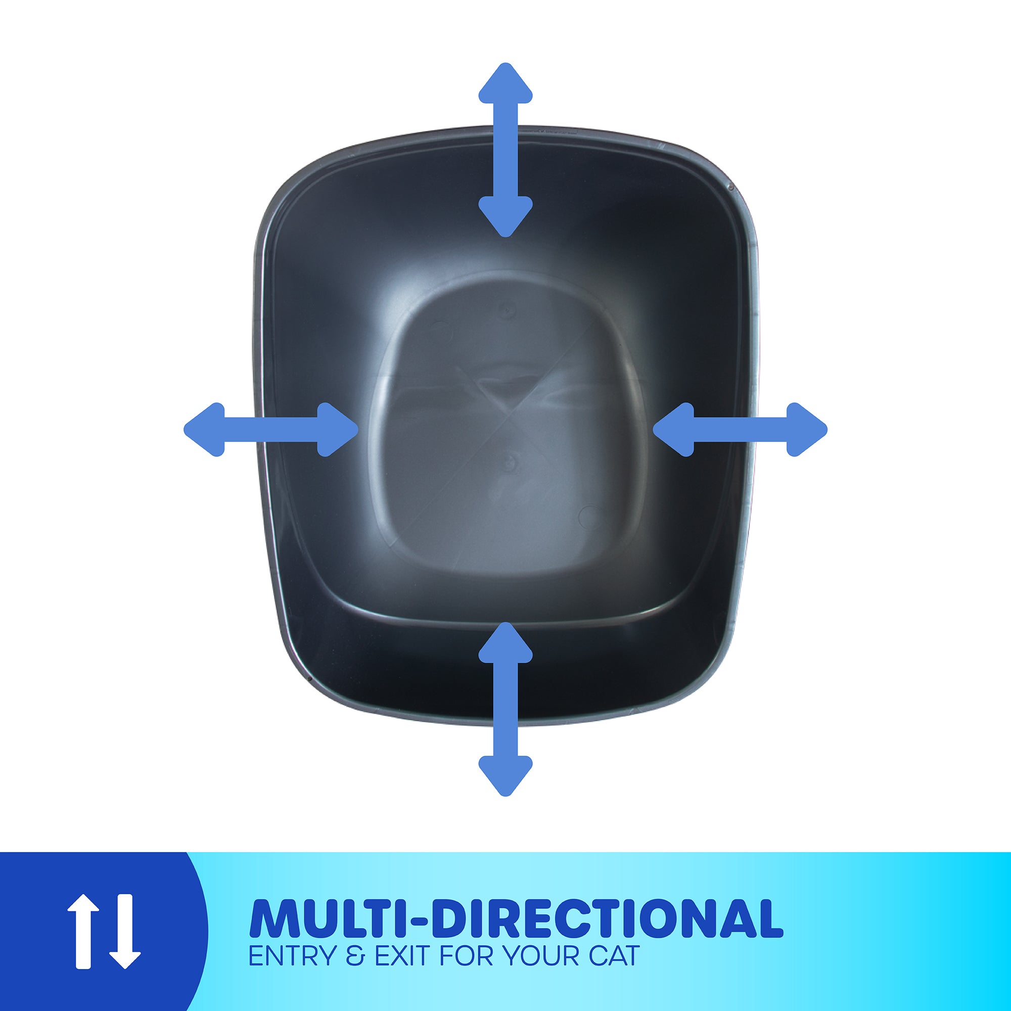 The Pet-mates Hi-Back Open Litter Box by Pet-mates is shown from above. Its black and square, crafted from non-stick plastic, with blue arrows highlighting multi-directional cat entry and exit. Below, text reads: MULTI-DIRECTIONAL ENTRY & EXIT FOR YOUR CAT.