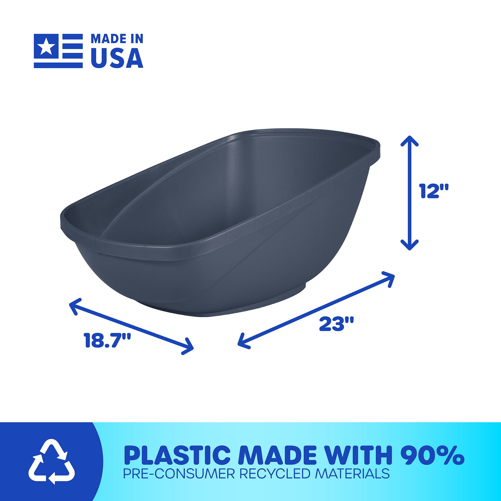 The Pet-mates Hi-Back Open Litter Box, by Pet-mates, is a blue, oval-shaped plastic container measuring 23x18.7x12 inches. It features Made in USA text and Plastic made with 90% pre-consumer recycled materials, along with a recycling symbol and non-stick plastic.