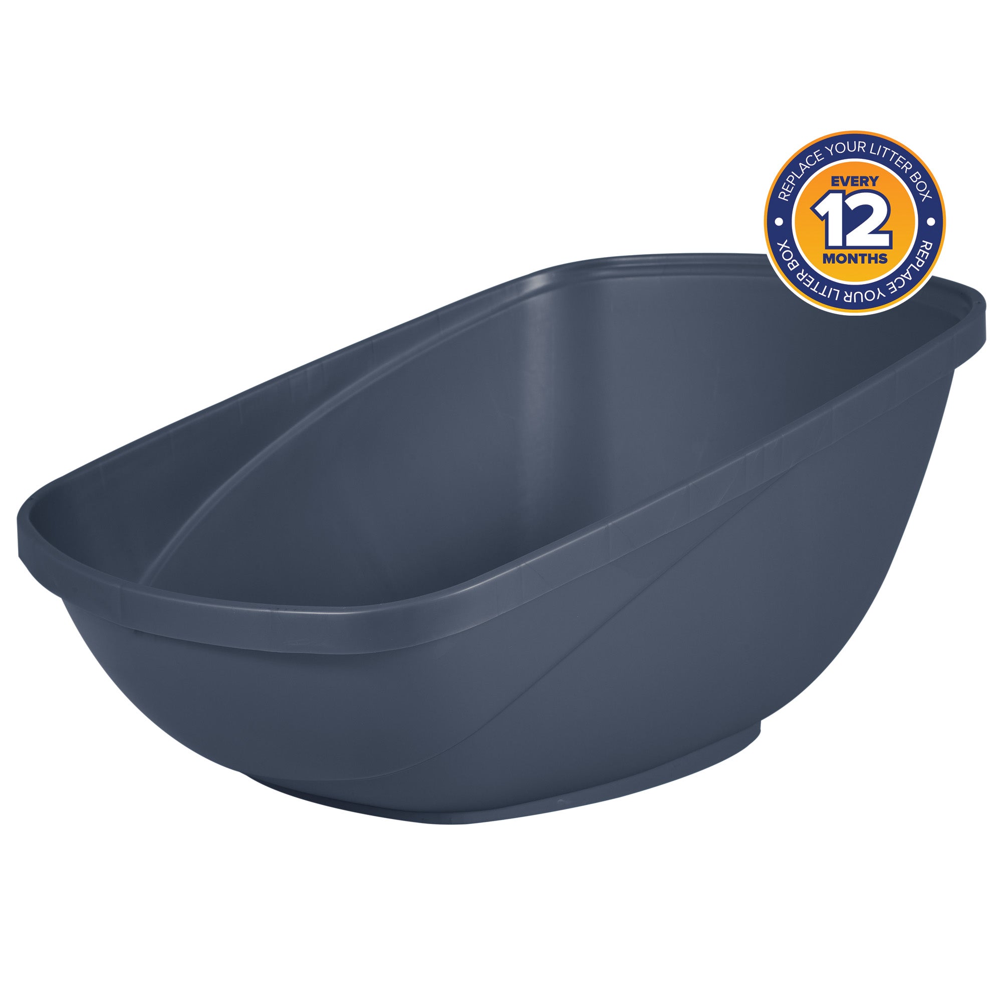 The Pet-mates Hi-Back Open Litter Box by Pet-mates, in dark blue and oval-shaped, features an open-top design. Its made from non-stick plastic for easy cleaning. A circular sticker on the top right suggests: Replace Your Litter Box Every 12 Months.