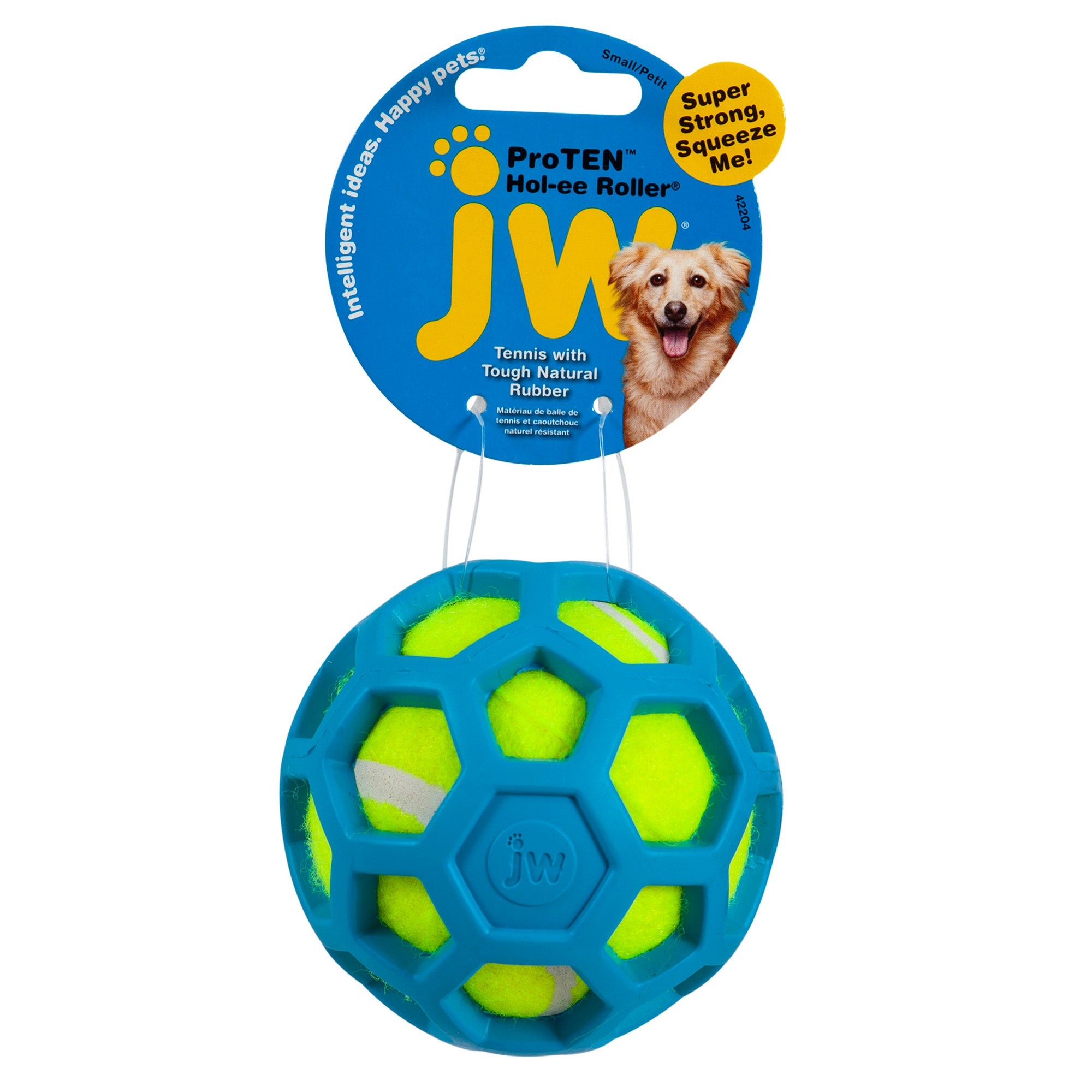 The JW ProTEN Hol-ee Roller Dog Toy by Jw features a tennis ball encased in a blue rubber shell with a hexagonal pattern. Its packaging showcases an image of a dog and emphasizes its super strong, durable natural rubber construction, making it perfect for fetching.