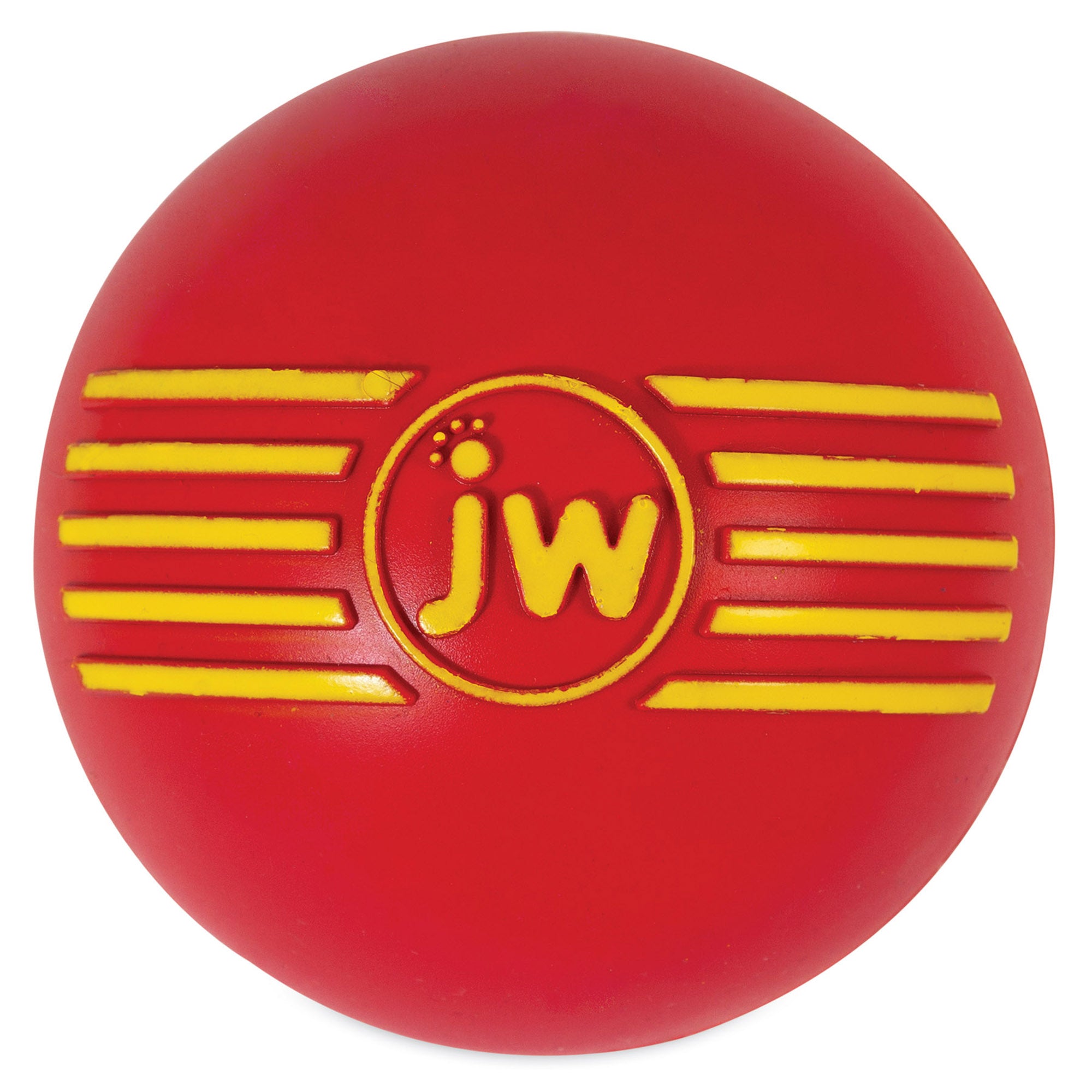 The JW Small Dog Toy Bundle includes a vibrant red iSqueak Ball with yellow stripes and an embossed jw circle in the center.