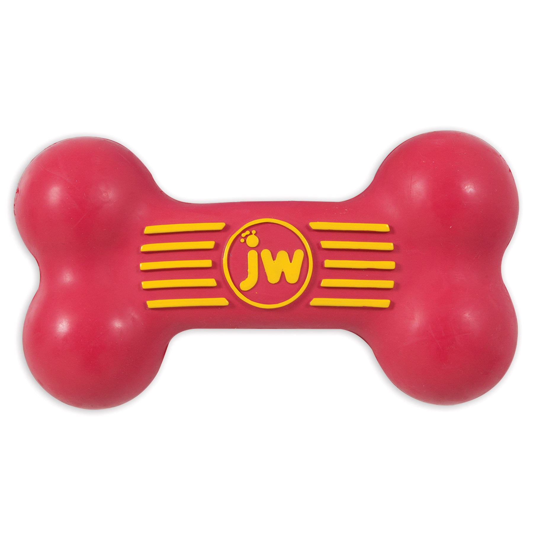 The JW iSqueak Bone, by Jw, is a red bone-shaped dog toy made from heavy-duty rubber. It features two rounded ends, the yellow jw logo in the center with flanking yellow lines, and enhanced squeaker technology for endless fun.