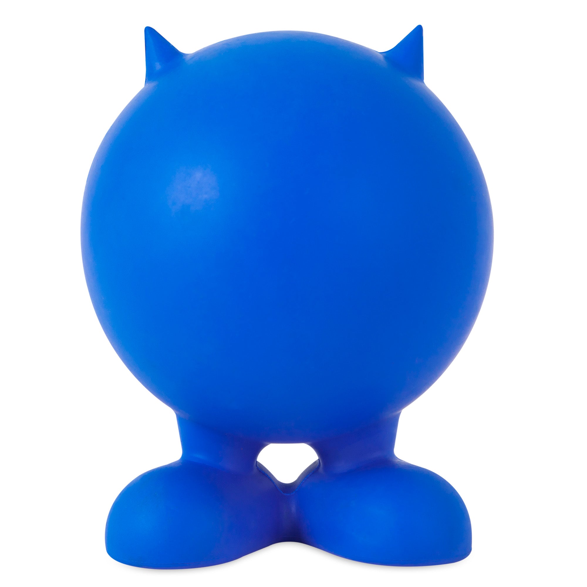 The JW Cuz Dog Toy from Jw is a round, blue rubber plaything featuring small pointy ears and big rounded feet. Its simple, playful design makes it ideal for dog toy fans seeking a durable squeaker crafted from natural rubber.