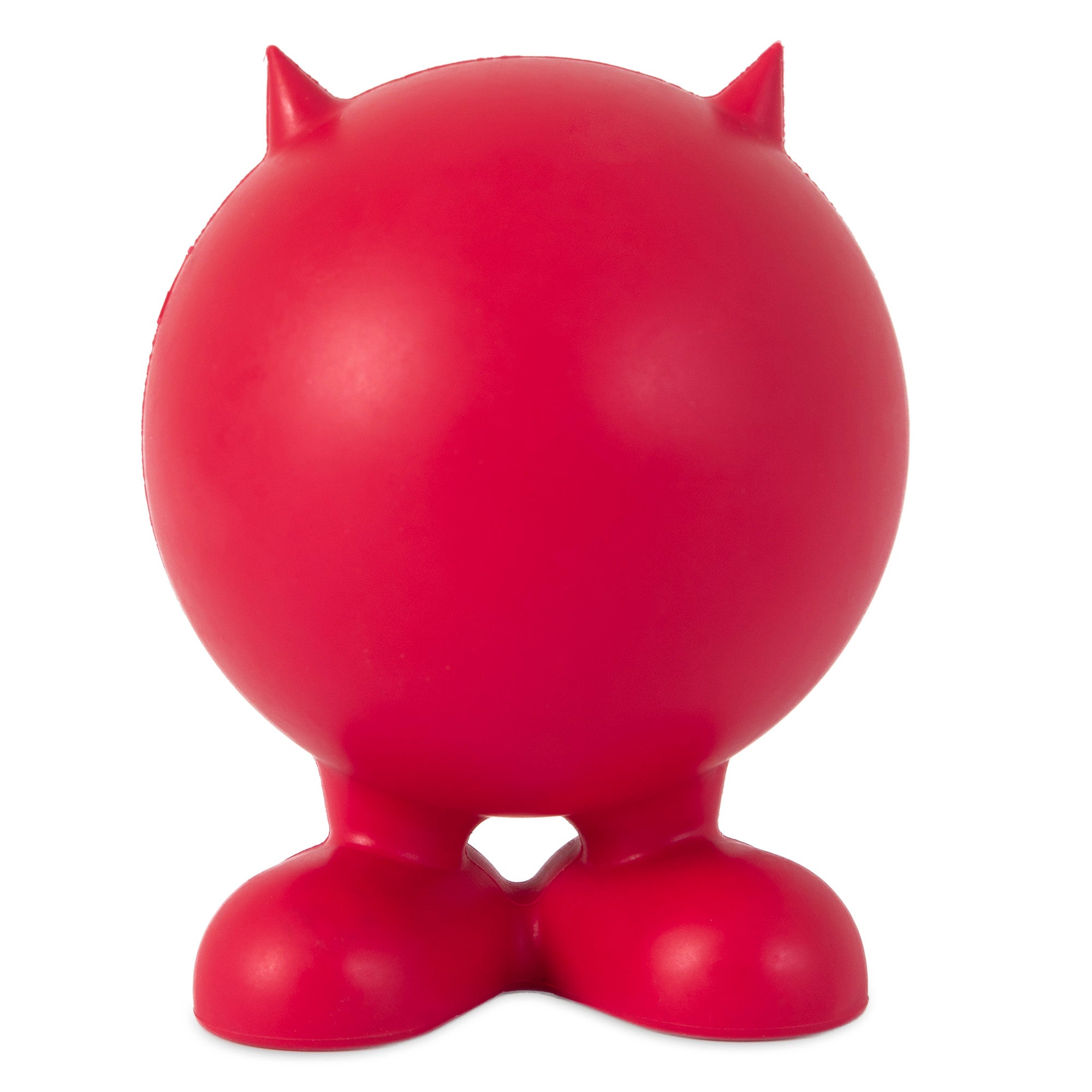 The JW Cuz Dog Toy by Jw is a playful devil character with a round, red rubber body, small horns, and large shoe-like feet, perfect for durable squeaker fun among dog toys.