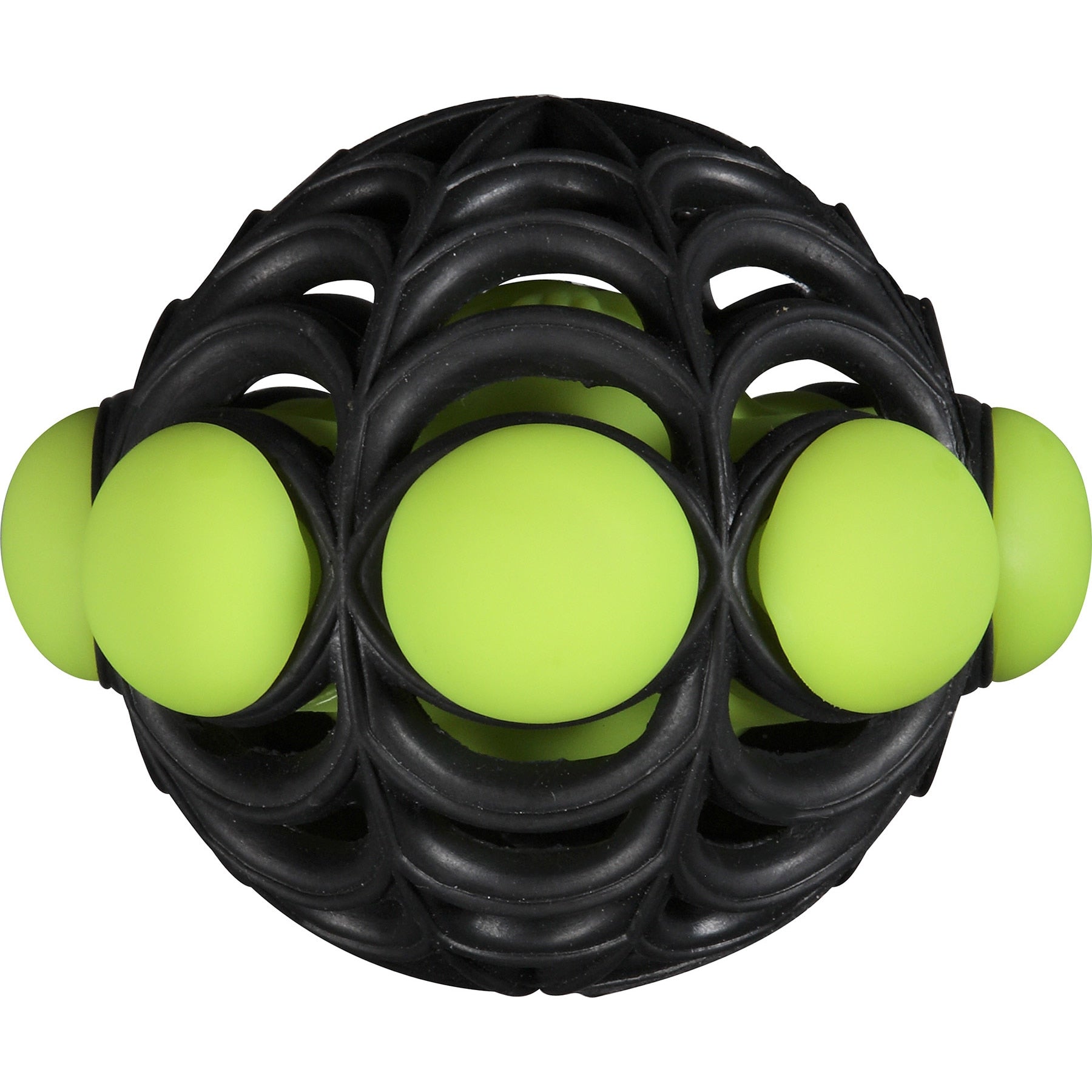 The JW Arachnoid Ball Dog Toy by Jw is a modern black cage-like rubber structure, with gaps for lime green balls to protrude, resembling an abstract design akin to a rubber spider web.