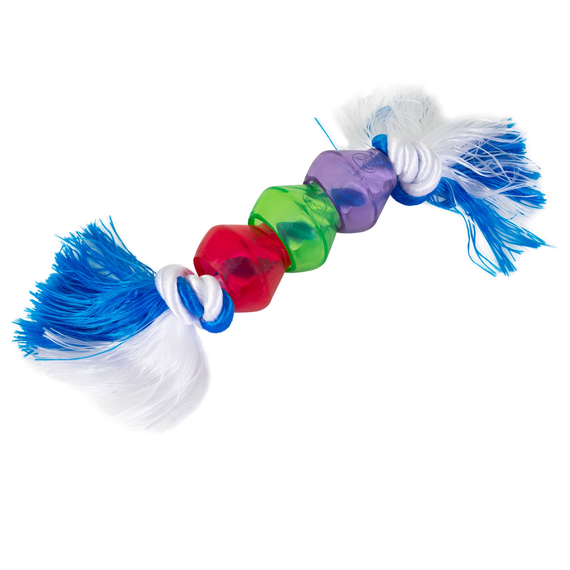 The JW Treat Pods Rope Dog Toy by Jw is a colorful interactive chew toy with red, green, and purple translucent cubes. These treat pods are strung on a white rope with blue and white tassels at each end.