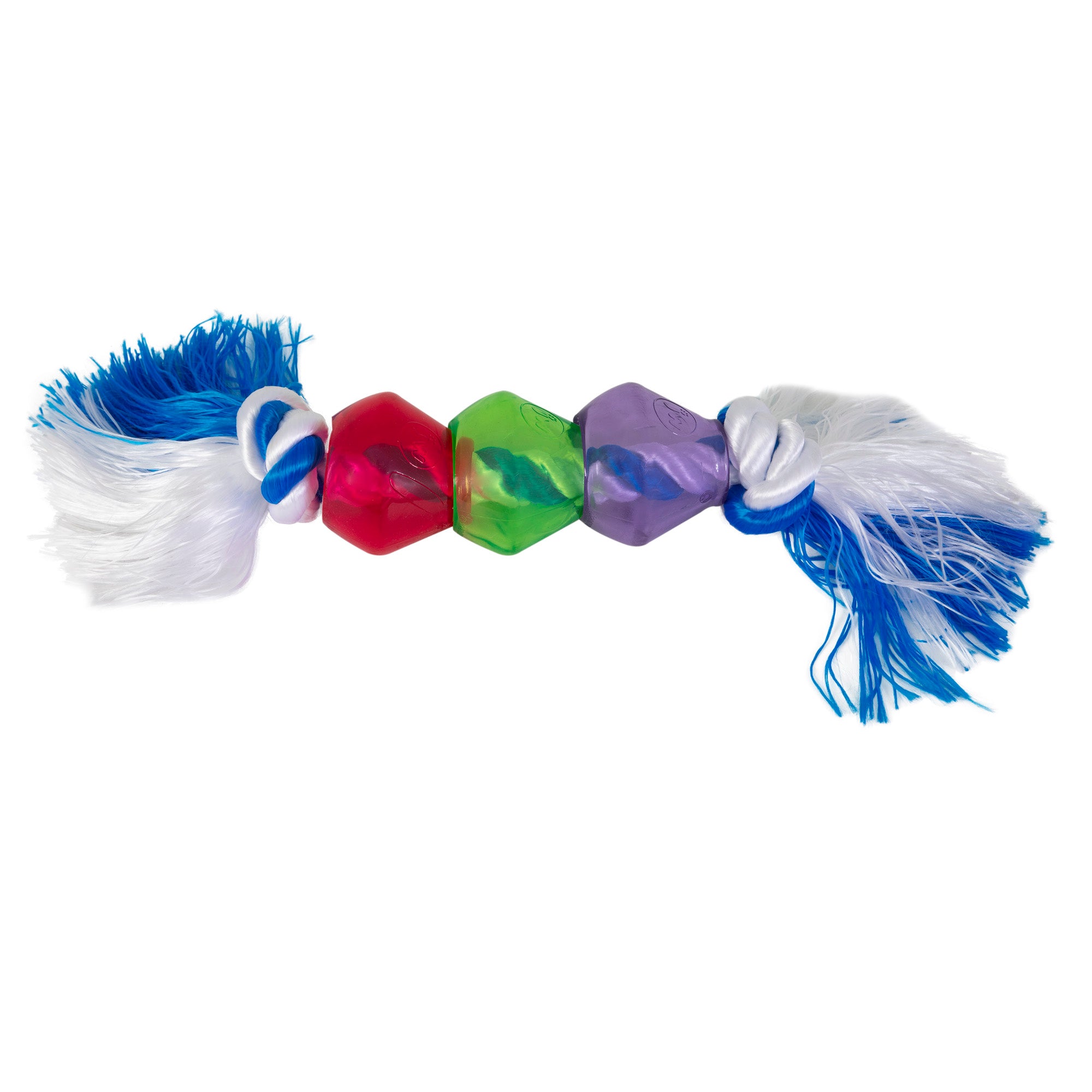 The JW Treat Pods Rope Dog Toy by Jw is a vibrant chew toy combining red, green, and purple hexagonal treat pods with white and blue rope ends and interactive blue and white tassels.