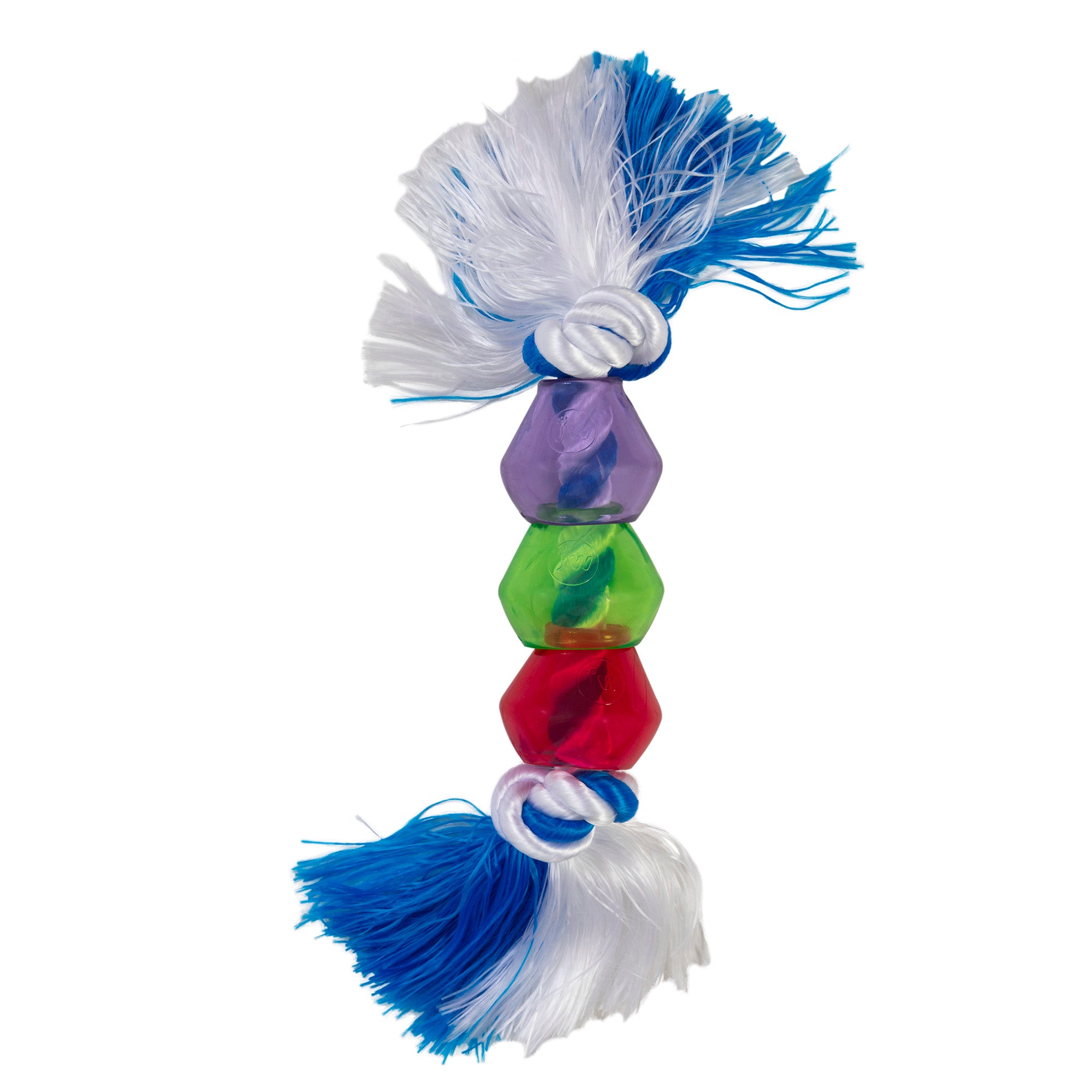 The JW Treat Pods Rope Dog Toy by Jw is a vibrant, interactive chew toy with three hexagonal, translucent sections in purple, green, and red. It features braided white and blue tassels at both ends and is perfect for dispensing treats during playtime.