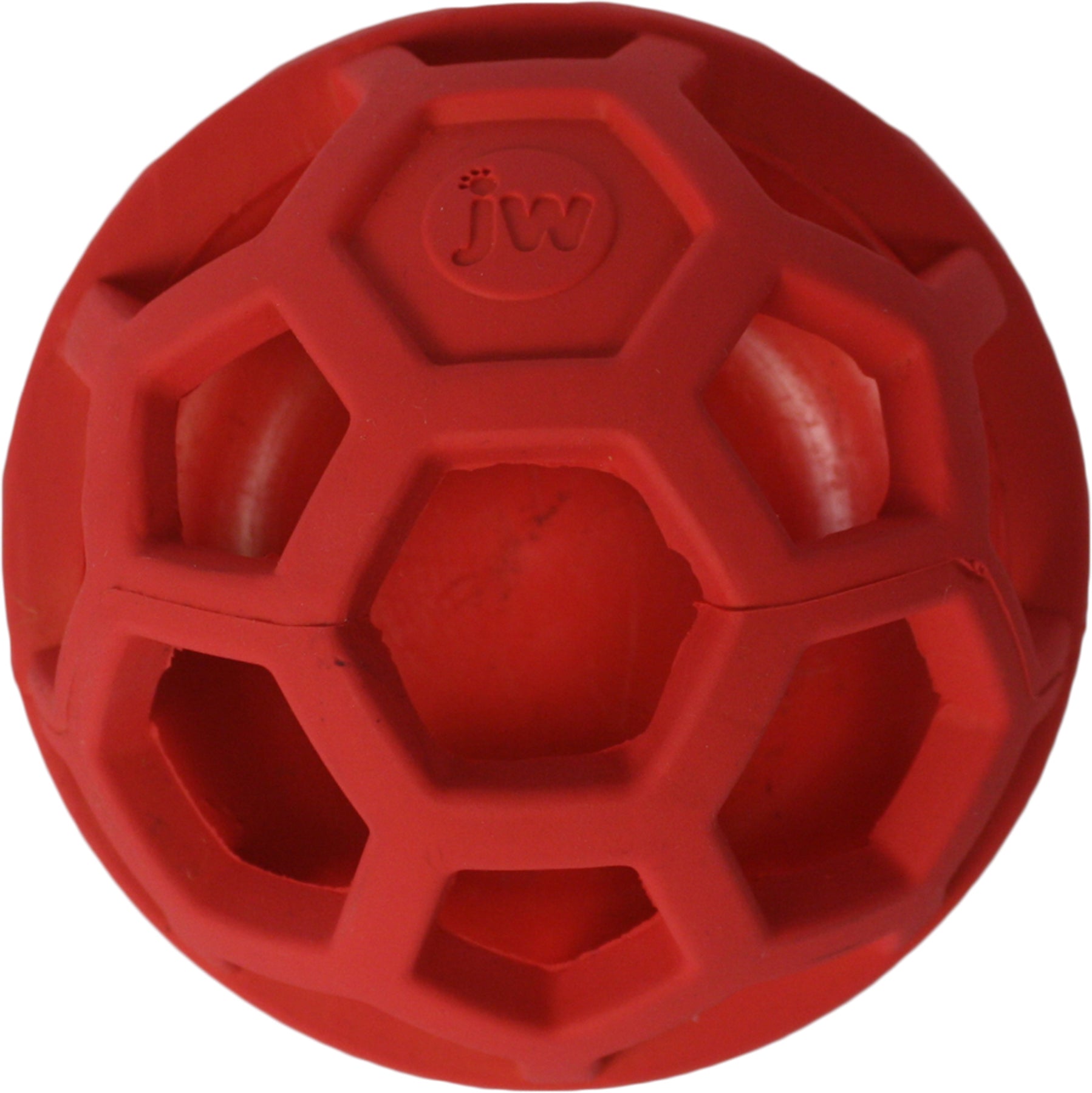 The JW Treat N Squeak Ball by Jw is a red, hollow rubber dog toy with a hexagonal pattern. It resembles a geodesic sphere and has a small logo on one hexagon, cleverly dispensing treats during play.