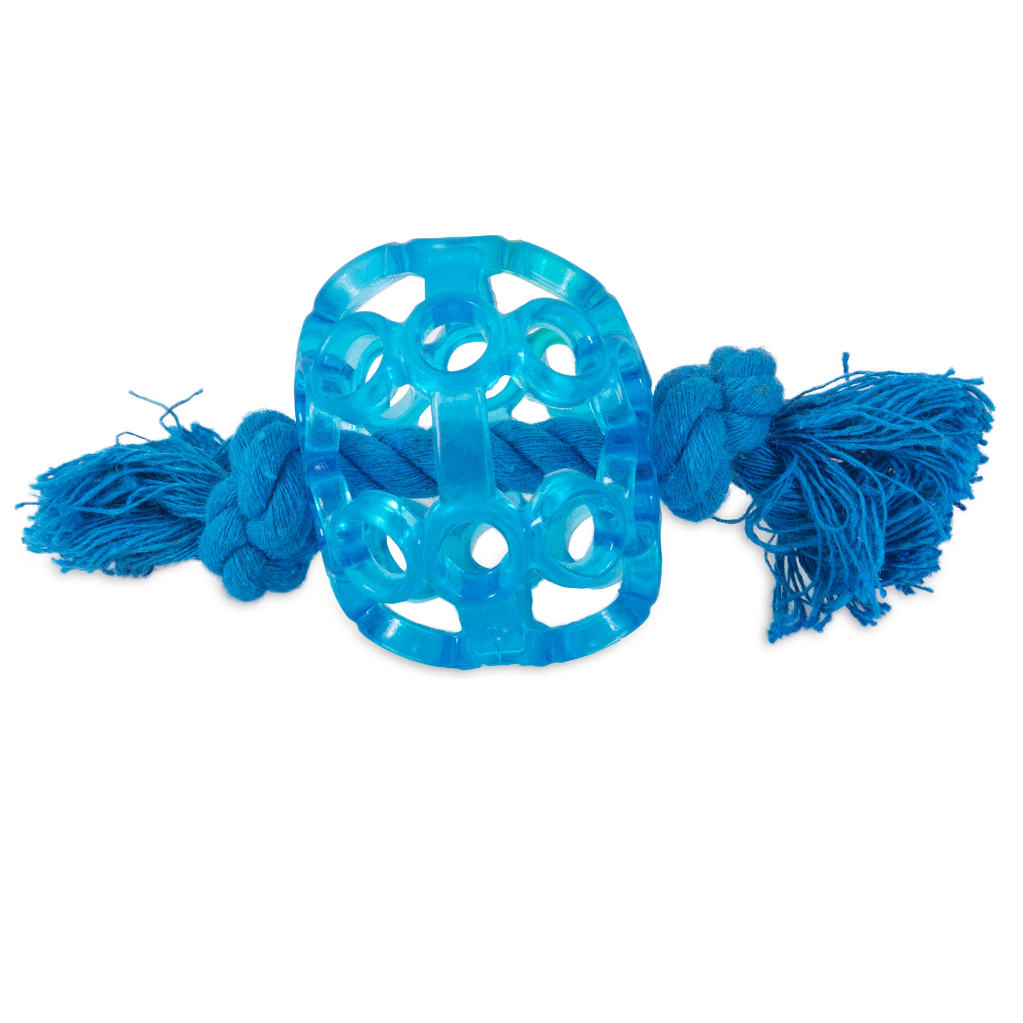 The JW Playplace Lattice Ball Dog Toy by Jw is a blue toy for tough chewers, featuring a circular, hollow, patterned rubber center and knotted ropes on each end. Made from non-toxic materials for safe playtime.