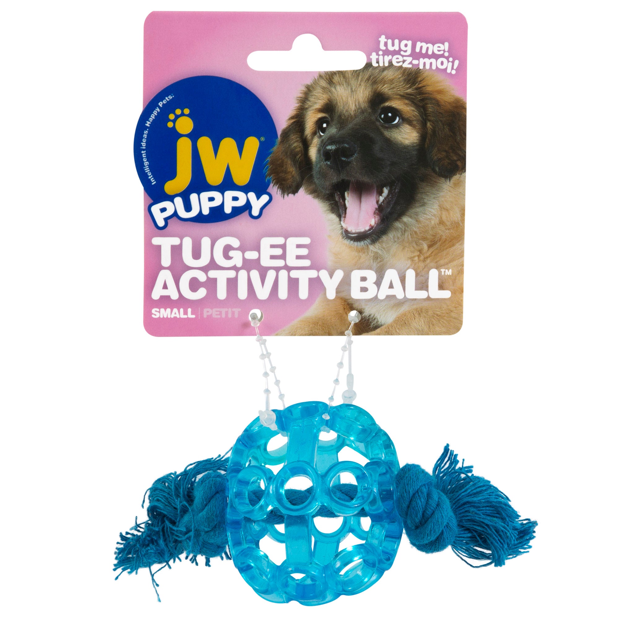 The JW Playplace Lattice Ball Dog Toy, ideal for tough chewers, has packaging with knotted ropes on both ends. The label displays a happy puppy with English and French text, emphasizing its non-toxic and safe nature for dogs.