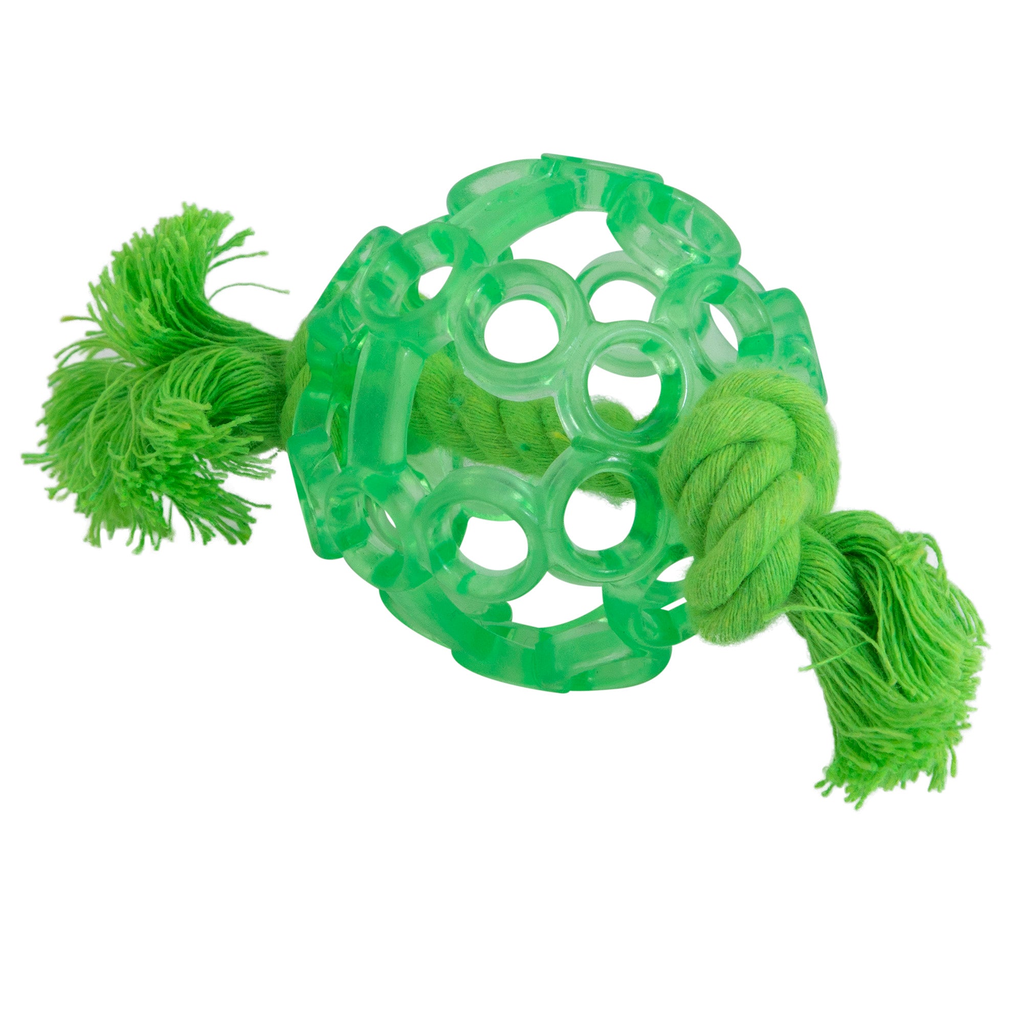 The JW Playplace Lattice Ball Dog Toy by Jw is a non-toxic, tough chewer-friendly green toy featuring a hollow geometric plastic ball with circular openings, and its attached to knotted green rope on both sides for hours of fun.