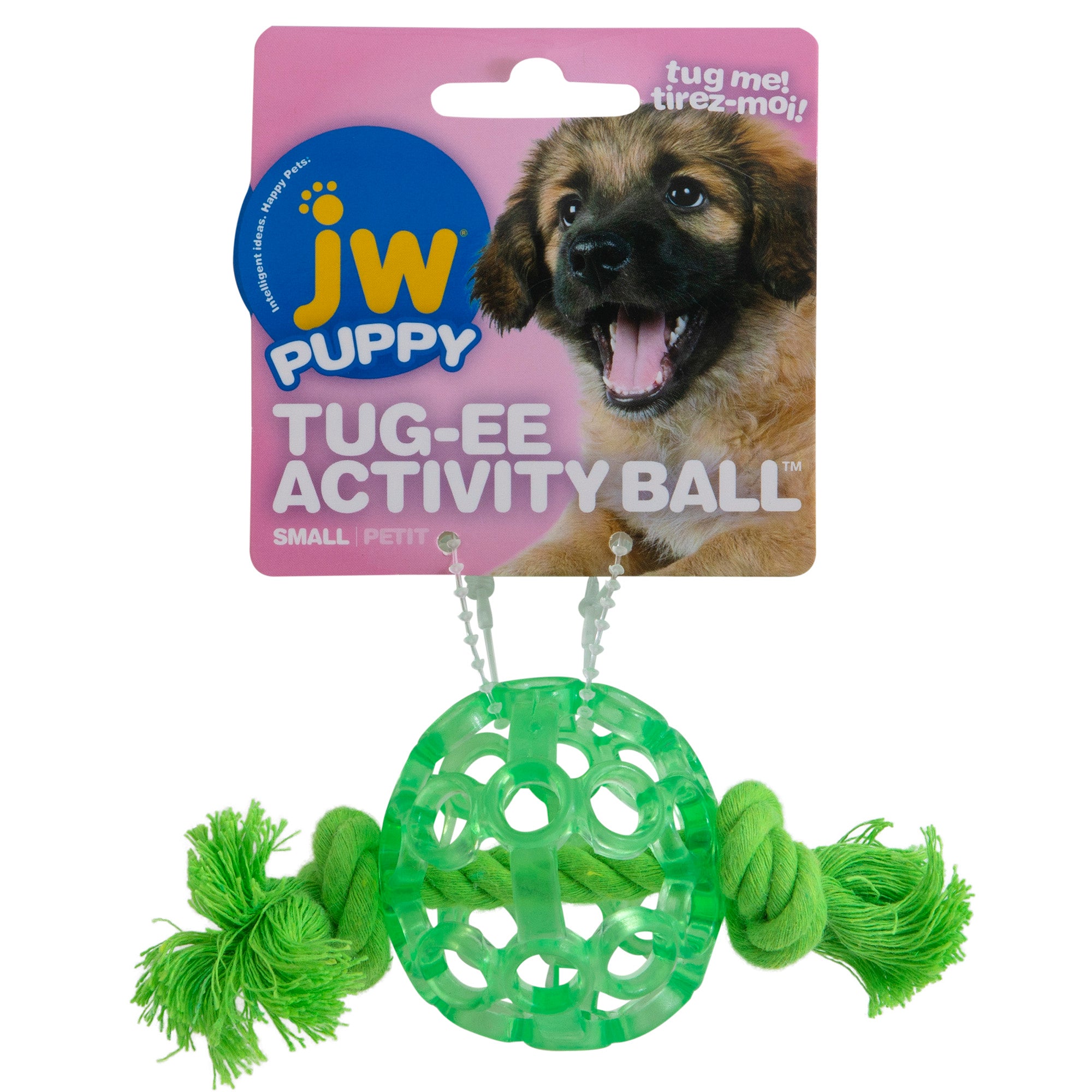 The JW Playplace Lattice Ball Dog Toy by Jw is a non-toxic, green rubber toy with rope ends, ideal for small dogs and tough chewers. The packaging features a happy puppy enjoying playtime.
