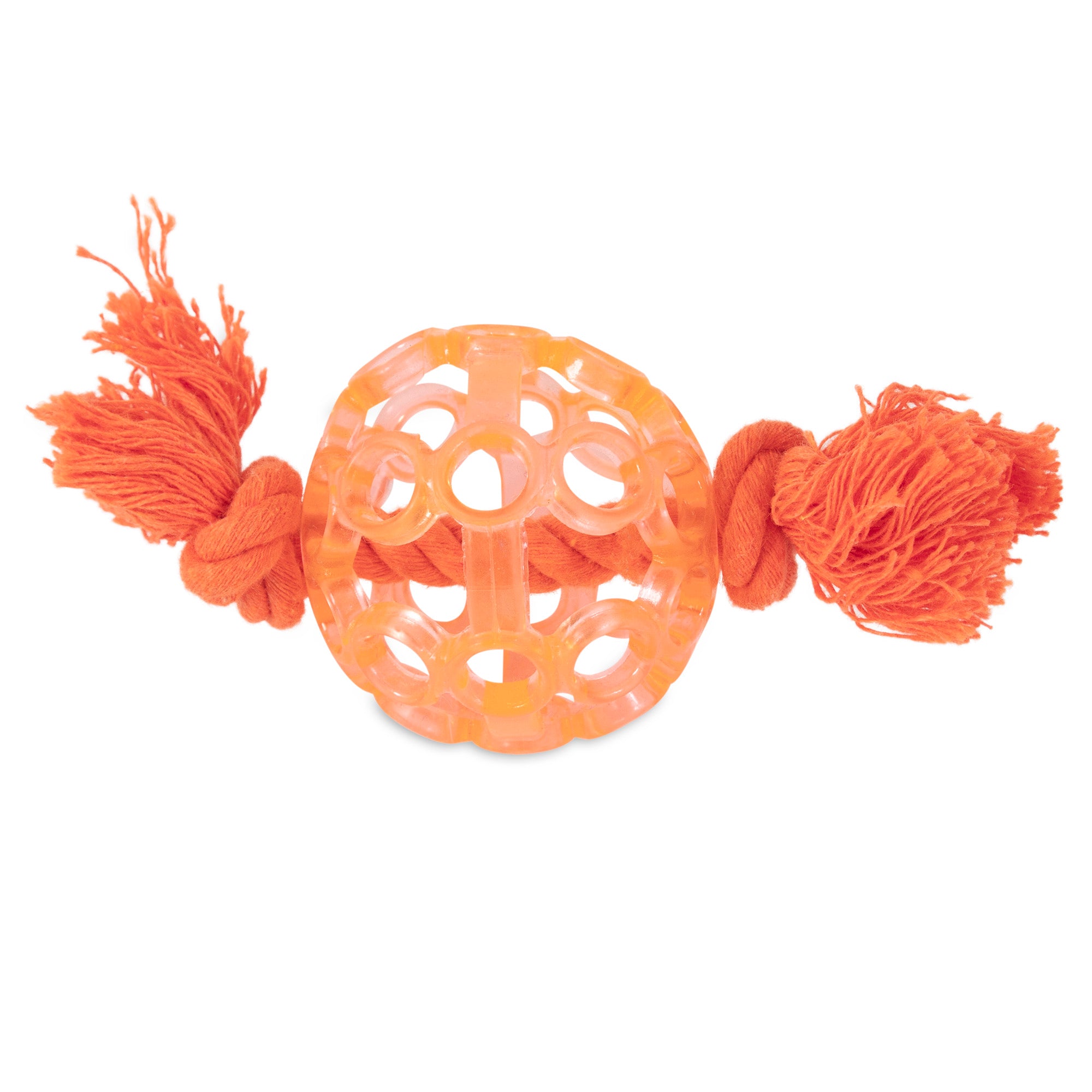 The JW Playplace Lattice Ball Dog Toy by Jw is a non-toxic orange toy with a hollow ball design made of intersecting rings, ideal for tough chewers. It includes knotted orange ropes with frayed ends for added fun and durability.