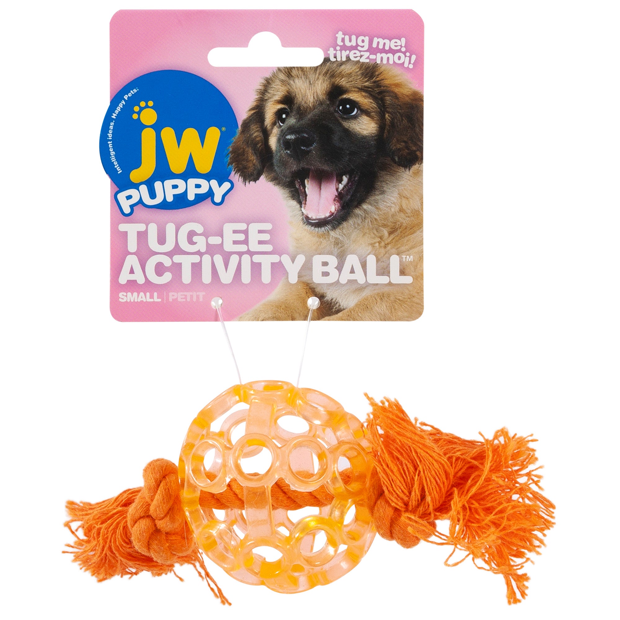 The JW Playplace Lattice Ball Dog Toy by Jw features vibrant orange packaging with a joyful puppy, highlighting its tug and ball functionalities. Designed for small dogs, this non-toxic toy includes sturdy rope ends for interactive play, making it ideal for tough chewers.