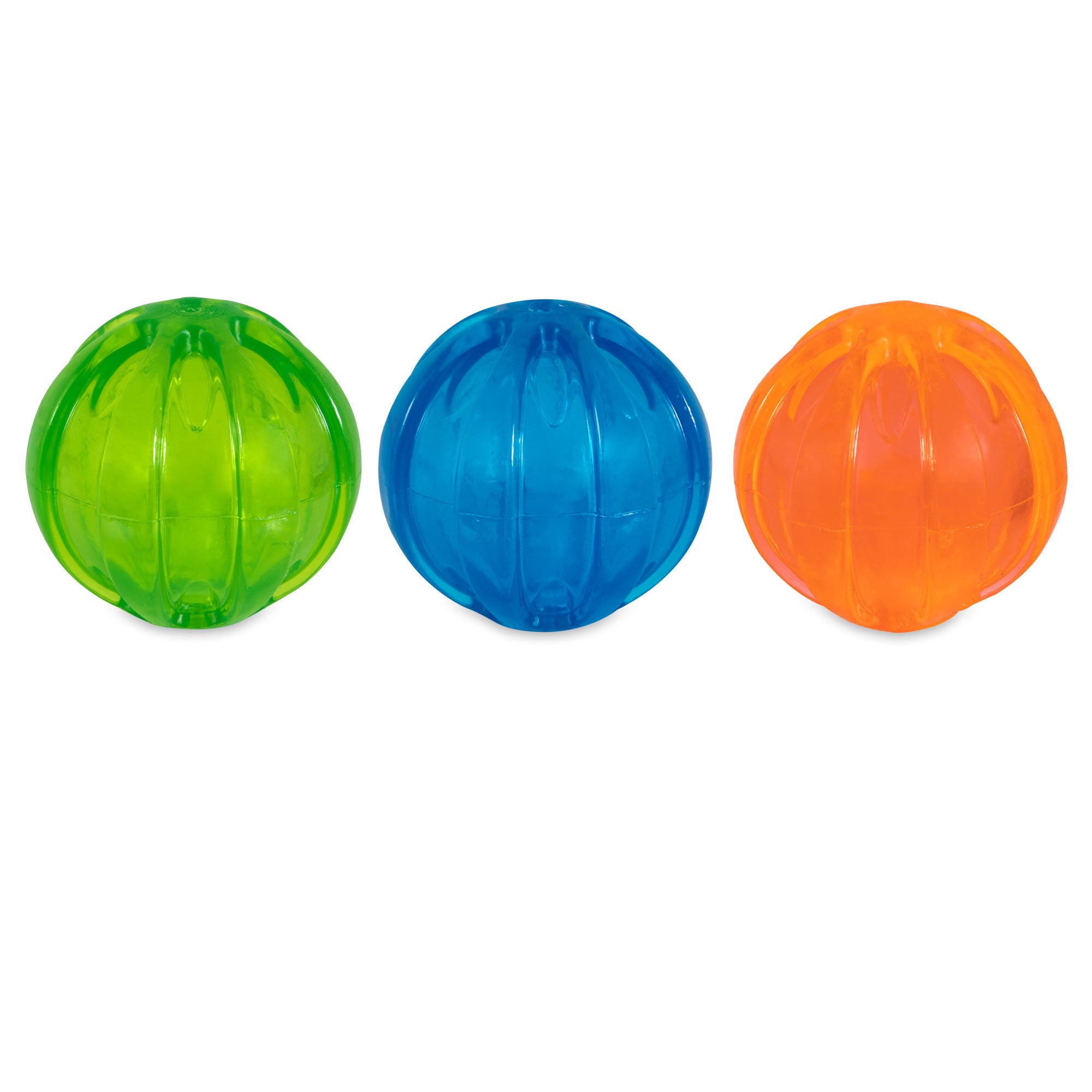 Aligned side by side, three JW PlayPlace Squeaky Balls by Jw feature Safe-Squeaker Technology. The left ball is green, the middle is blue, and the right is orange. These translucent plastic balls have a high-bounce grooved surface that shines against a white background.