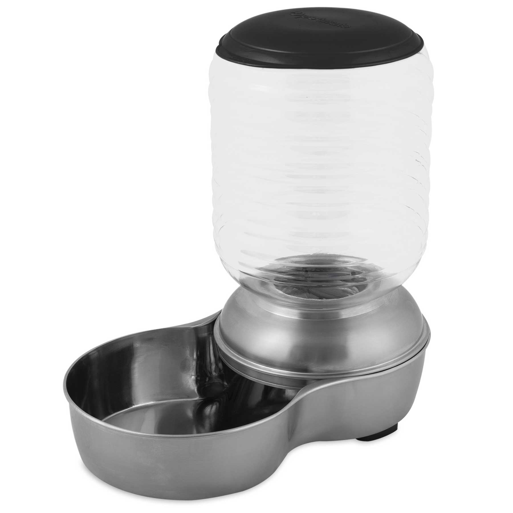 The Pet-mates 5 lb. Stainless Steel Replendish Feeder has a sleek stainless design, a clear plastic reservoir, and black lid for effortless water flow into the base bowl. Combining a water dispensers convenience with gravity feed efficiency, it keeps your pet hydrated.