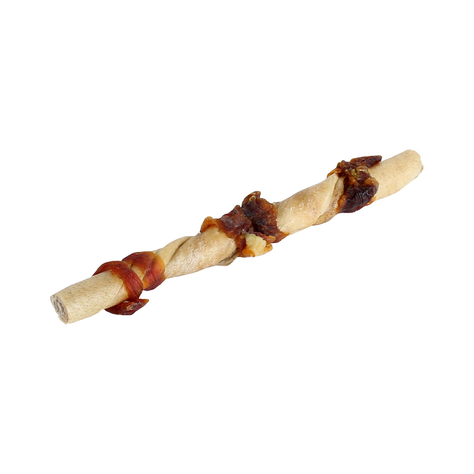 The Wild Eats Water Buffalo Twisted Cheek, an 8-9 dog chew wrapped with brown meat pieces, is set against a white background. This gluten-free treat delivers the savory delight of Water Buffalo Jerky, perfect for satisfying your pups cravings.