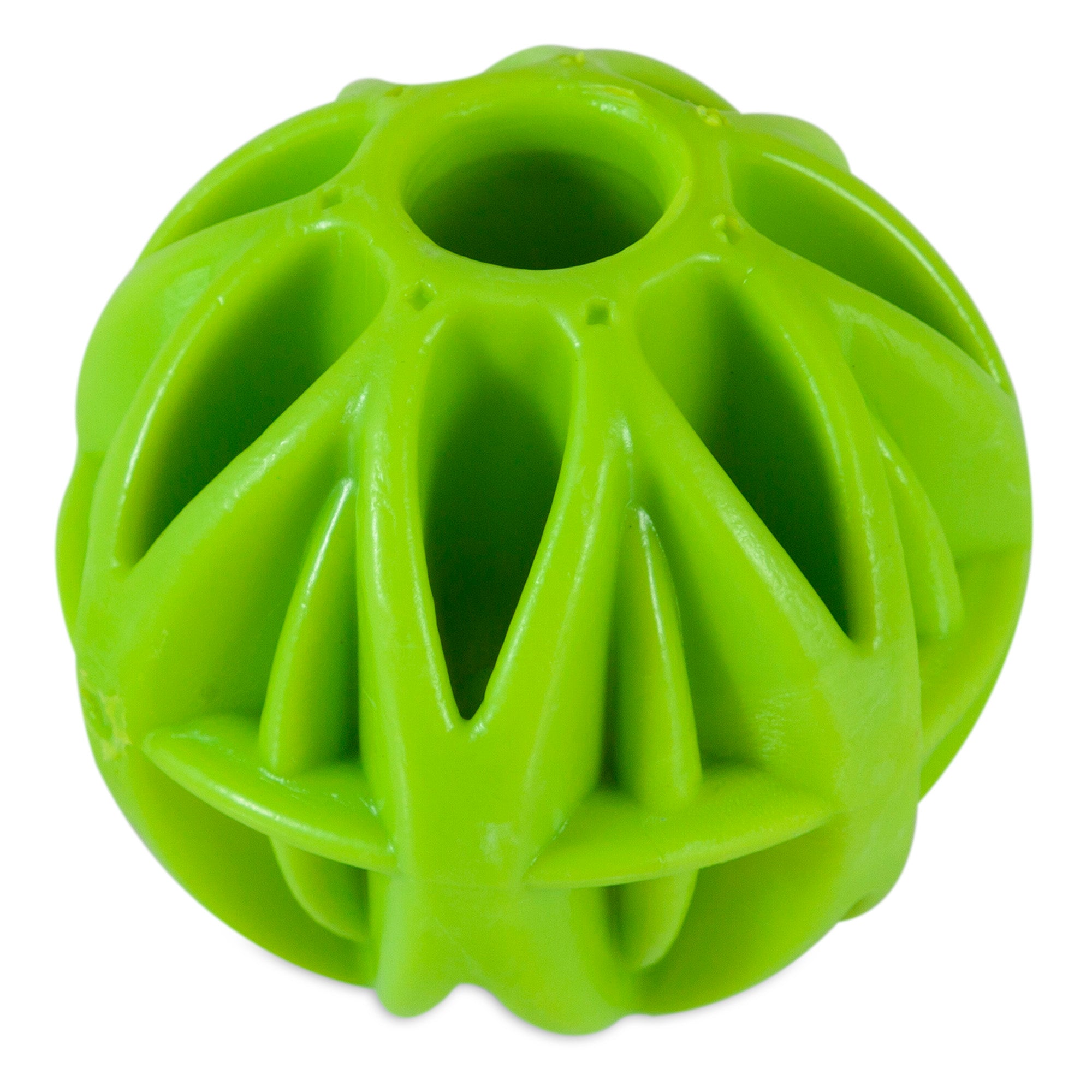 The JW Megalast Ball Dog Toy by Jw is a bright green, round toy featuring an open, geometric design with triangular cutouts. Its lightweight and easy to grip, encouraging interactive play and perfect for engaging pets in fun chewing activities.